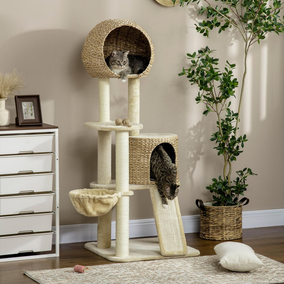 PAWHUT Arbre à chat style cosy chic griffoirs grattoir sisal 2 grandes niches plateforme hamac peluche courte beige jacinthe d'eau