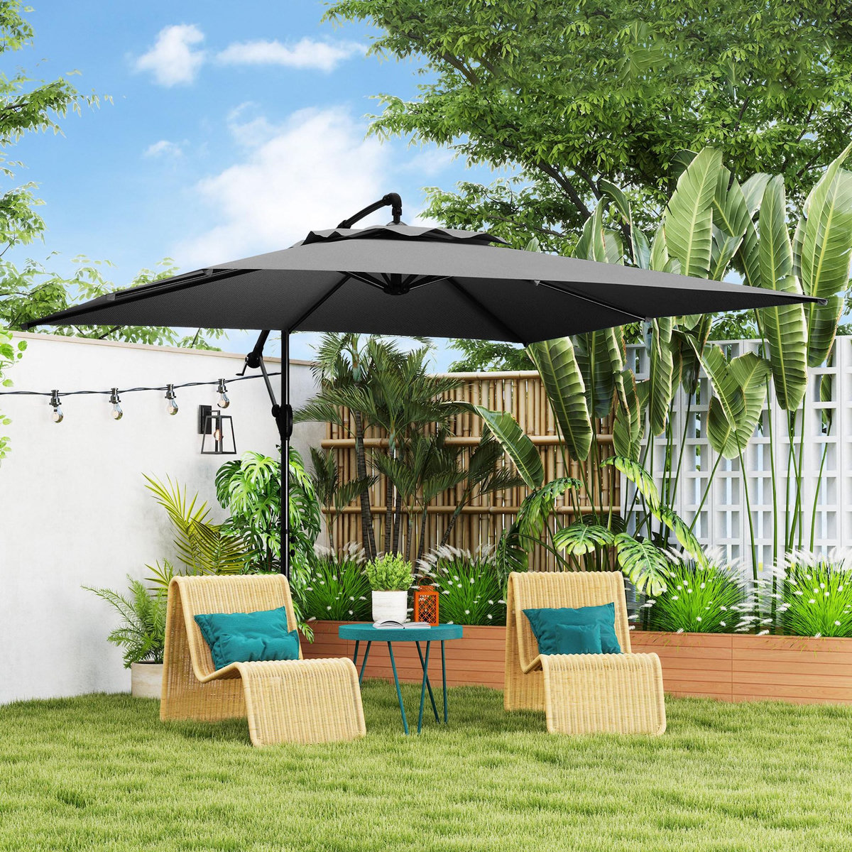 OUTSUNNY Parasol déporté carré 3 x 3 m réglable piètement croix manivelle tissu haute densité 180g/m² UPF50+ gris