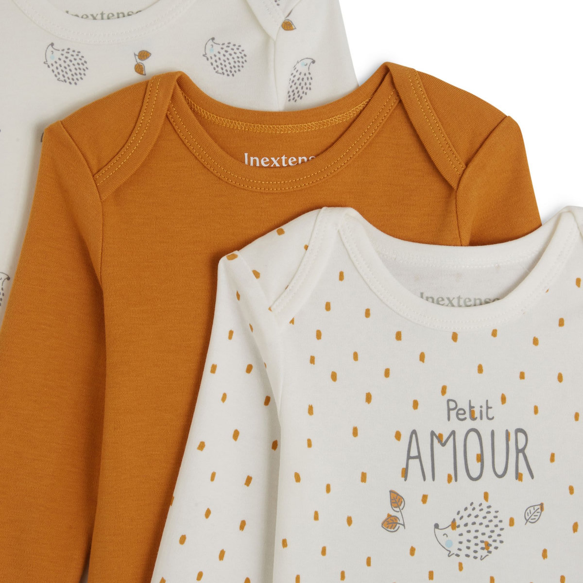 INEXTENSO Lot de 3 bodies manches longues hérisson bébé
