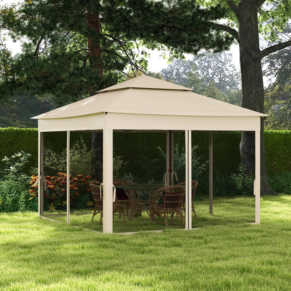 OUTSUNNY Tonnelle barnum automatique pop-up 3 x 3 m métal polyester imperméabilisé anti UV moustiquaires sac transport beige