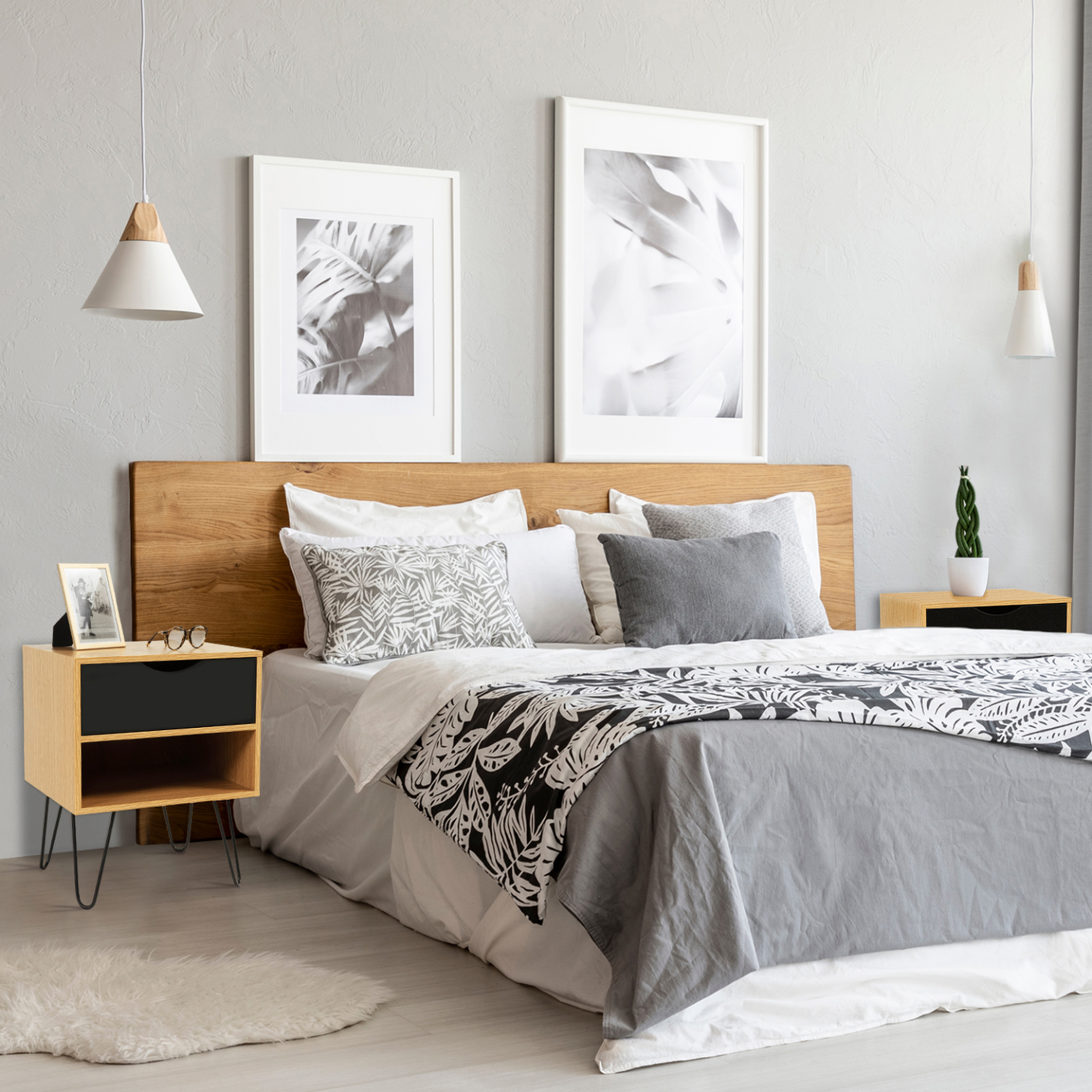 Voir la diapositive 2 : ID MARKET Lot de 2 tables de chevet noemi 1 tiroir avec niche bois pied épingle