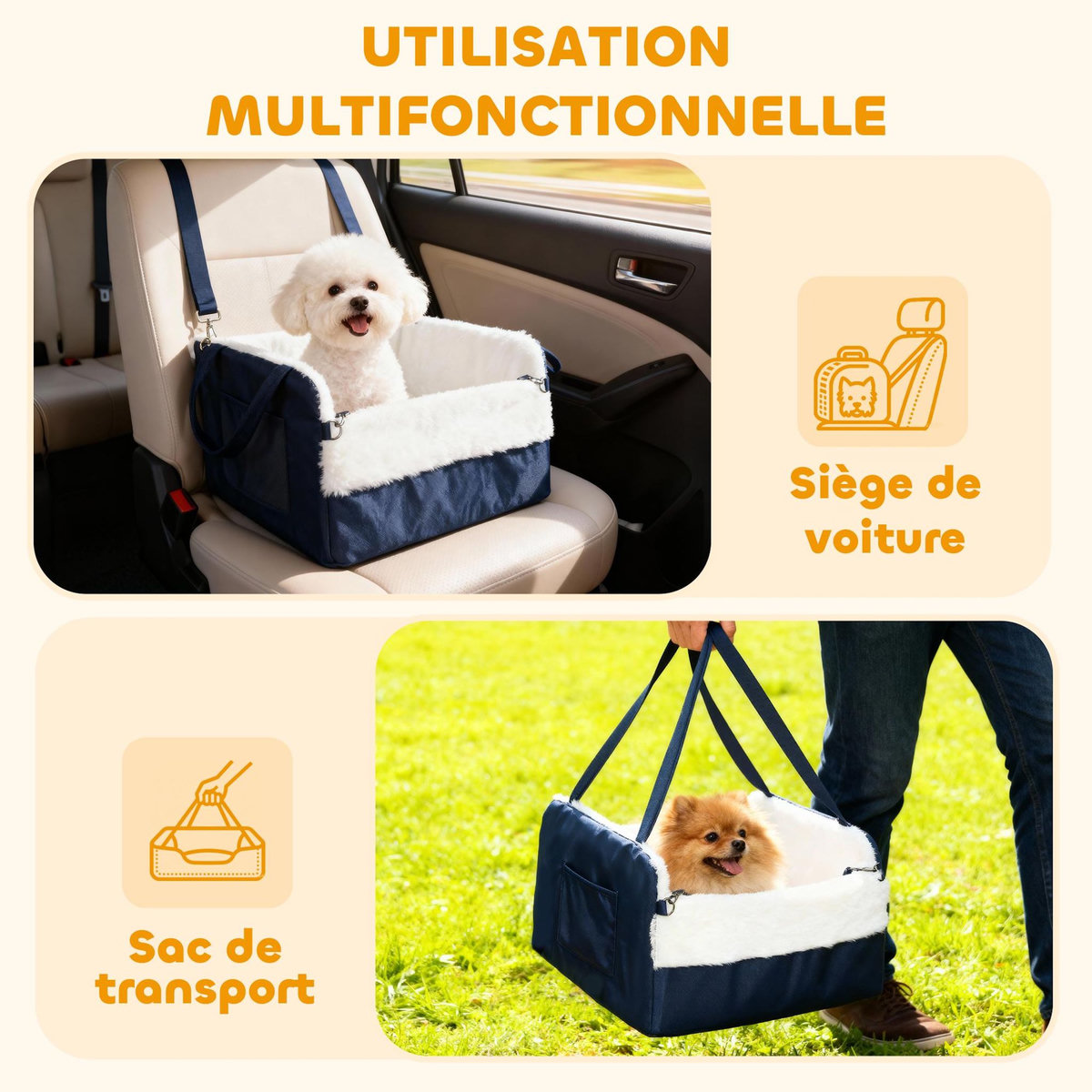 PAWHUT Siège auto sac de transport chien 2 en 1 - réglable - revêtement effet fourrure déhoussable - polyester bleu