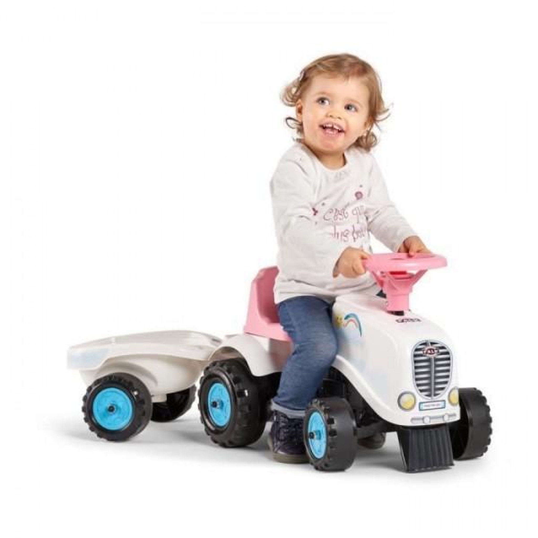 Voir la diapositive 4 : FALK Porteur Trotteur  Tracteur Rainbow Farm avec remorque - FALK - Pour filles des 1 an - Formes rondes et couleurs pastels