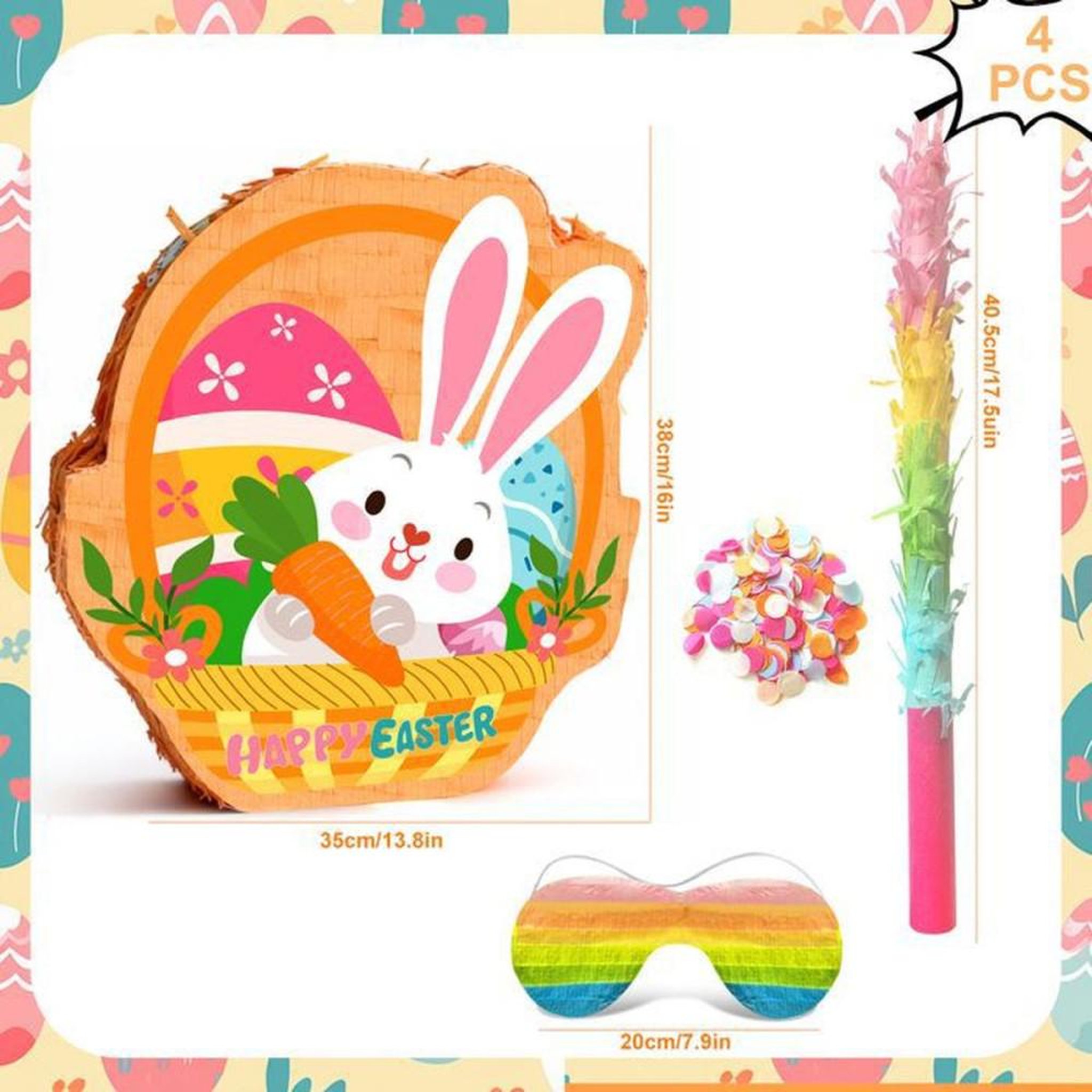 Voir la diapositive 2 : Piñata ronde Lapin de Pâques suspendue multicolore avec masque, bâton et confettis, kit de décoration intérieure 35 cm