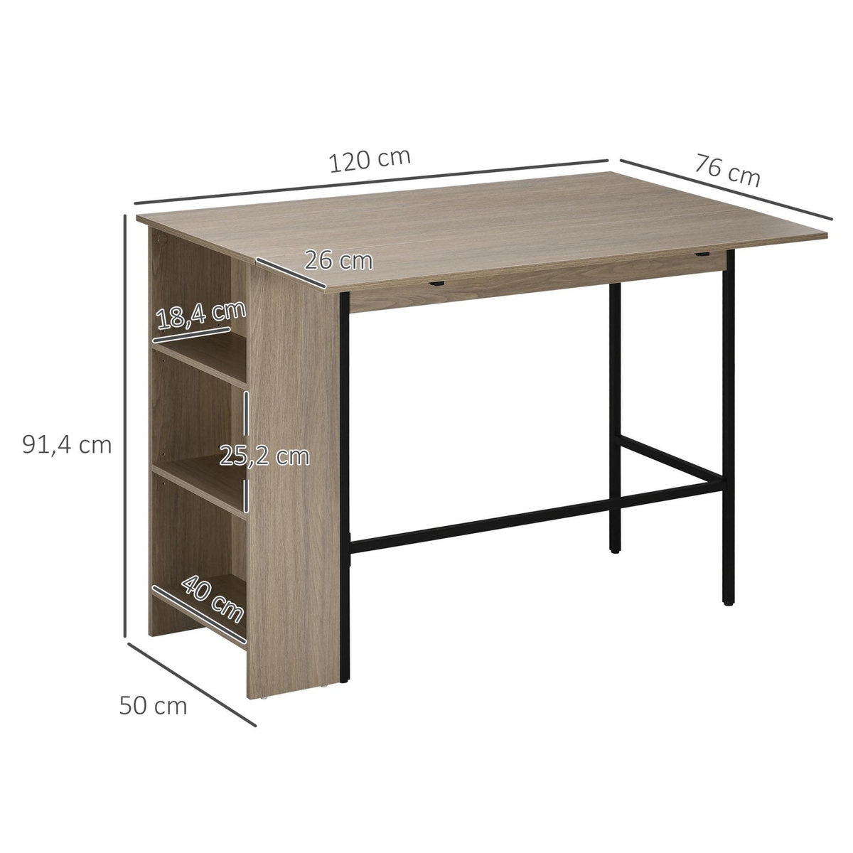 HOMCOM Table de bar extensible design industriel - 3 étagères intégrées - châssis métal noir panneaux particules aspect bois gris
