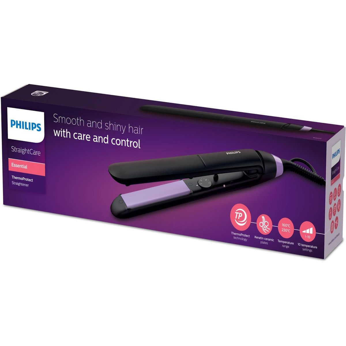 Philips Philips StraightCare Essential BHS377/00 brosse soufflante et fer à lisser Brosse à lisser À chaleur Noir, Rose 1,8 m