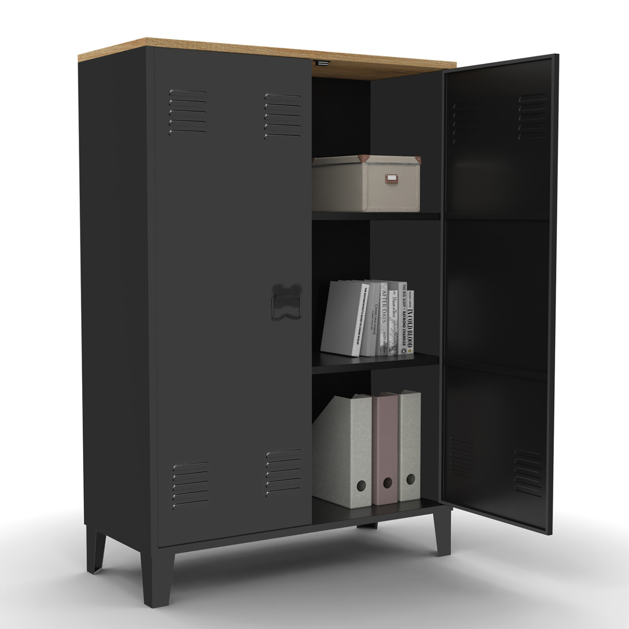 Voir la diapositive 3 : ID MARKET Armoire basse ester 2 portes métal noir et plateau bois design industriel
