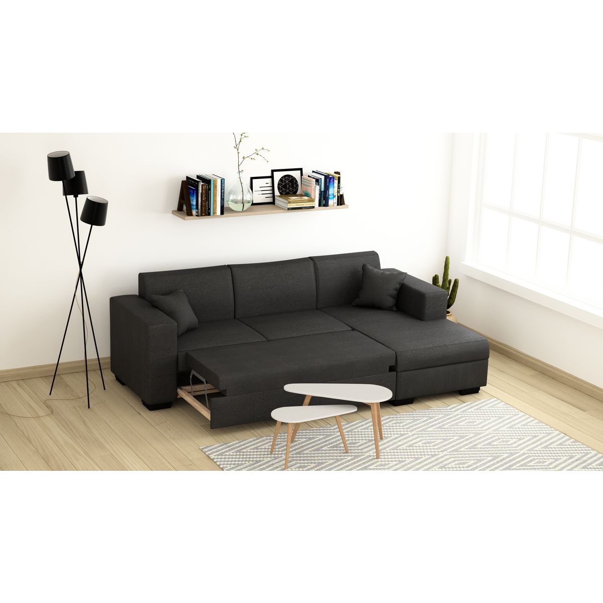 Canapé d'angle droit convertible 4 places avec coffre  de rangement revêtement tissu CARIBEA 