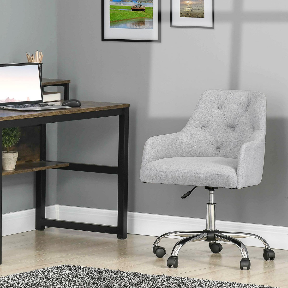 VINSETTO Chaise de bureau design Chesterfield capitonné hauteur réglable pivotant 360° piètement chromé tissu gris