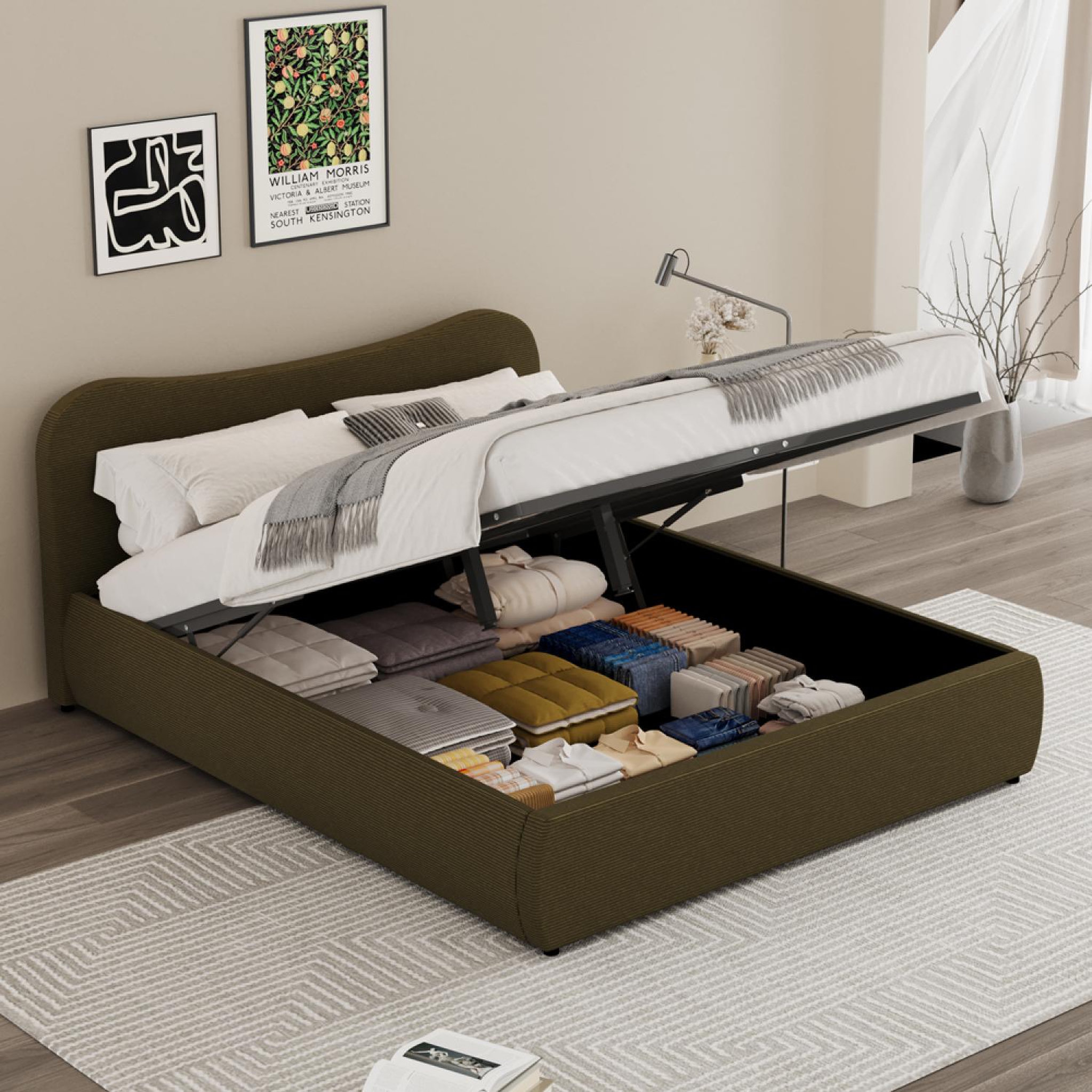 Voir la diapositive 2 : CONCEPT USINE Lit coffre 140x190cm design arrondi velours côtelé vert plano