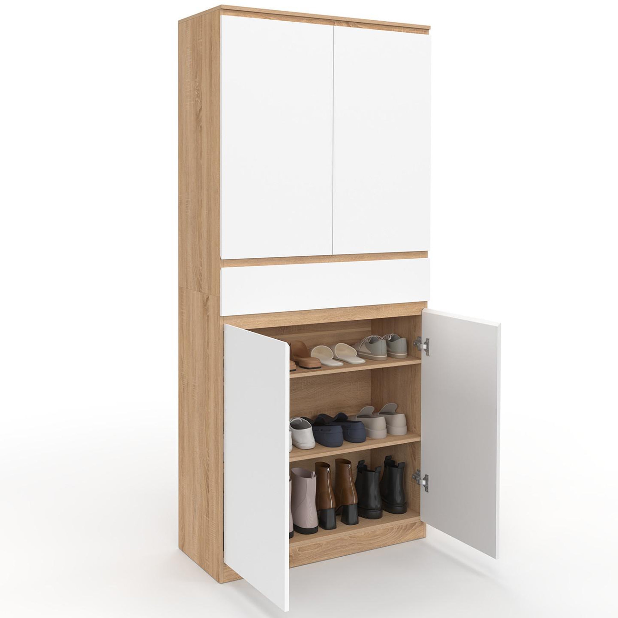 ID MARKET Armoire à chaussures 24 paires tomi 4 portes 1 tiroir façon hêtre et blanc