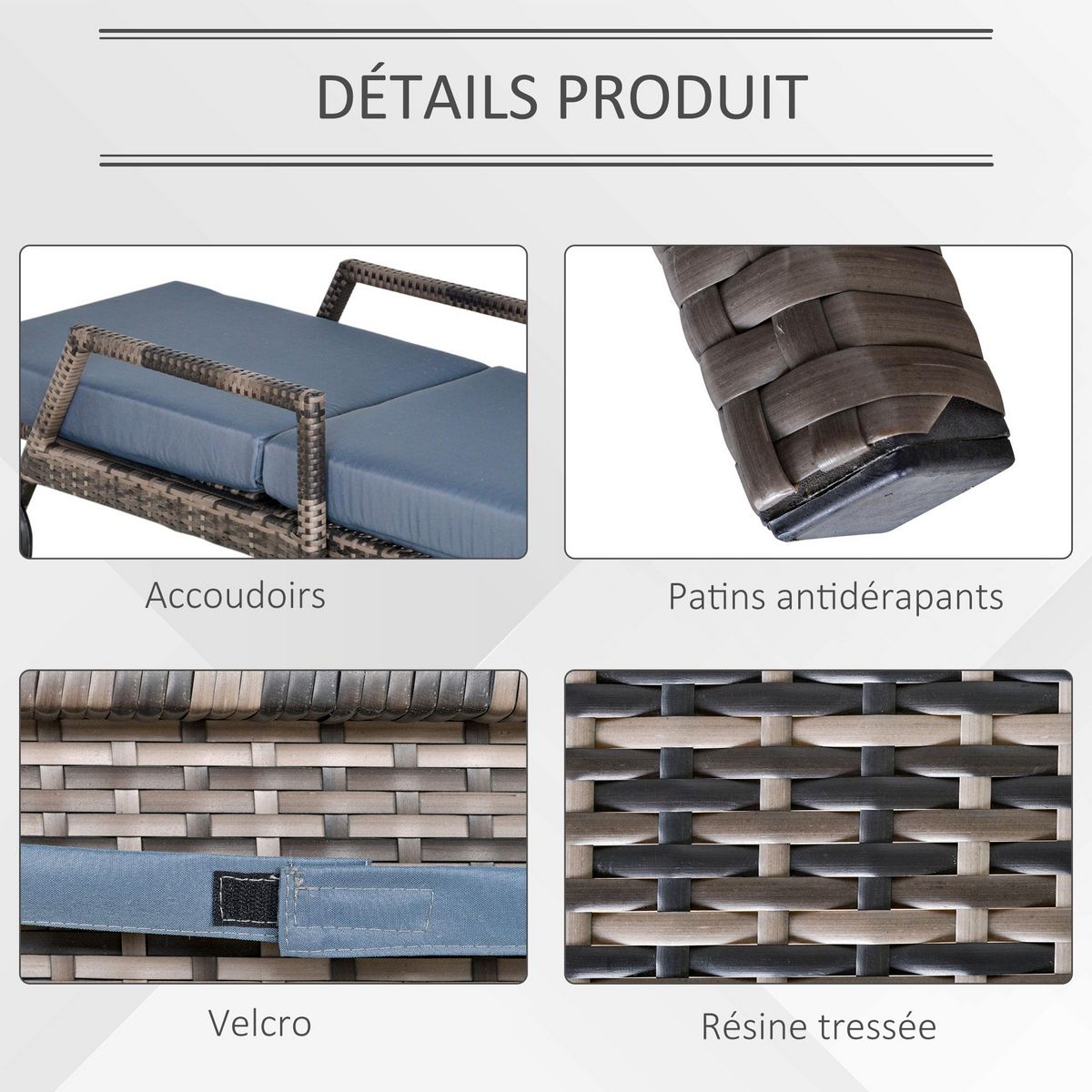 OUTSUNNY Transat bain de soleil grand confort : matelas, têtière, inclinaison réglable multipositions, accoudoirs, roulettes résine tressée gris