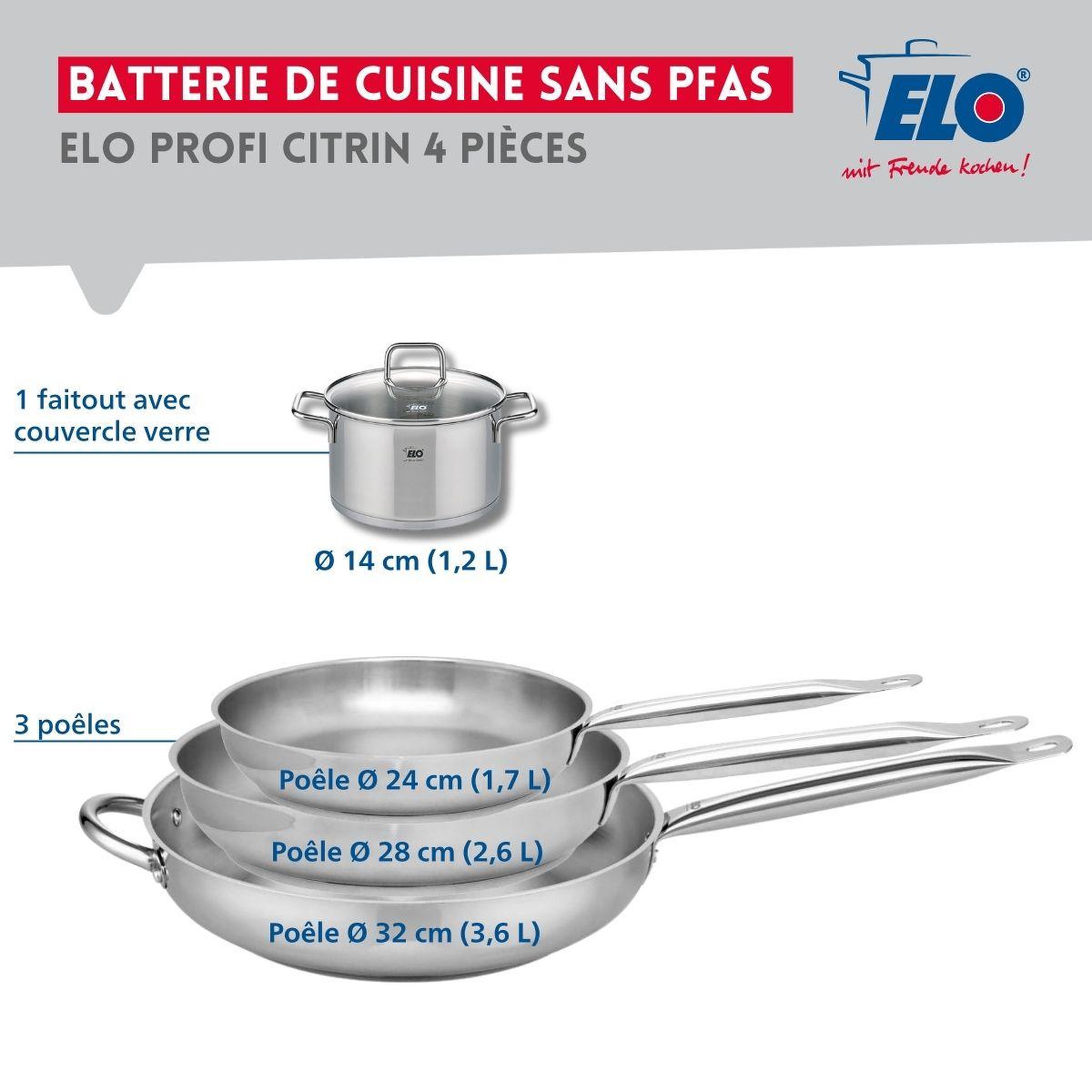 Voir la diapositive 2 : ELO Ensemble de 3 poêles de cuisson 24, 28 et 32 cm et 1 faitout 14 cm elo profi citrin
