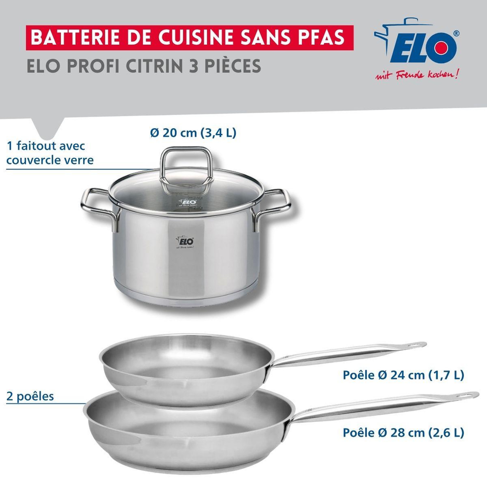 Voir la diapositive 2 : ELO Set de 2 poêles de cuisson 24 et 28 cm et 1 faitout 20 cm elo profi citrin