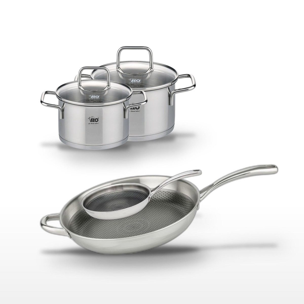ELO Lot de 2 poêles 24/32 cm et 2 faitouts 14/16 cm Elo Relief Evolution