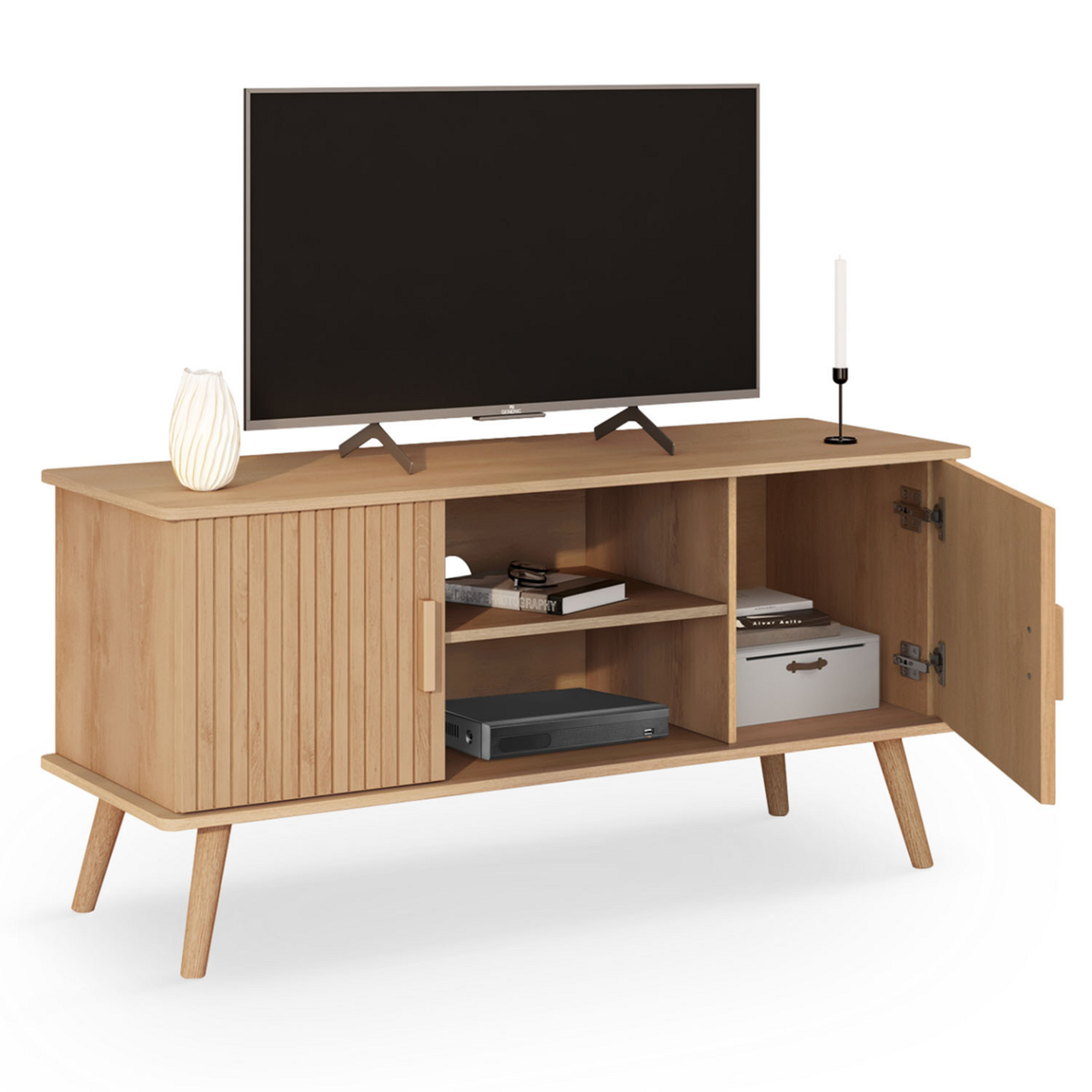 ID MARKET Meuble TV 110 cm JULIETTE 2 portes lattes tasseau bois coloris chêne