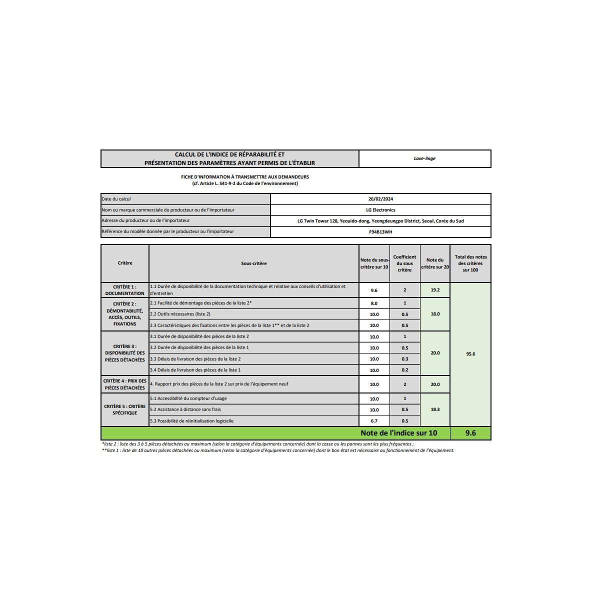 LG Lave-linge hublot 9kg 1400trs/min - F94B13WH
