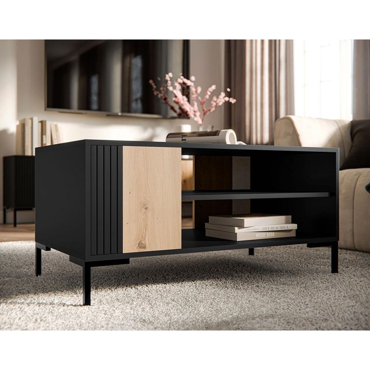 BEST MOBILIER Cambridge - table basse - effet bois et noir - 2 niches - 100 cm