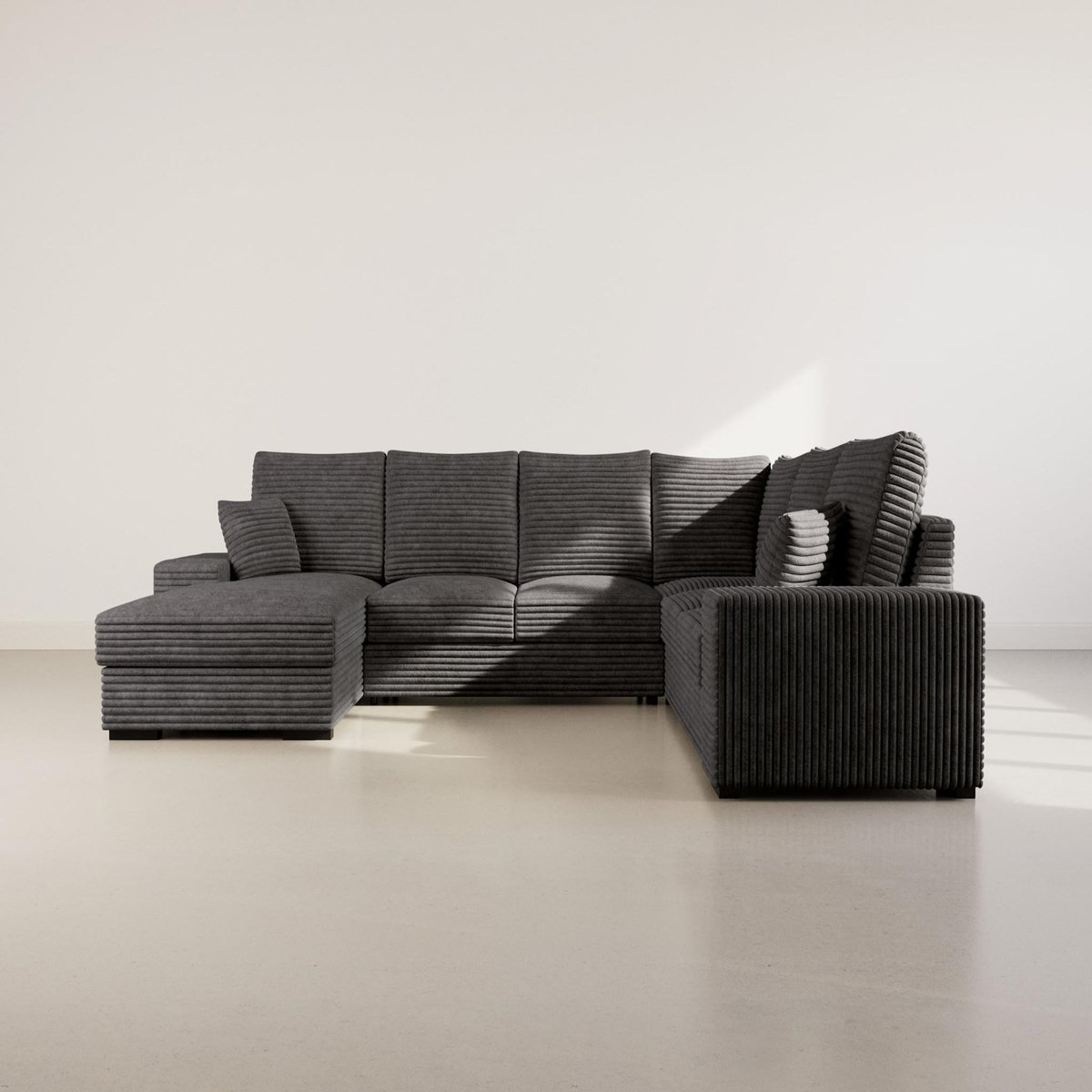 BEST MOBILIER Lorie - canapé panoramique d'angle droit 7 places convertible en velours côtelé grosse côte avec coffre