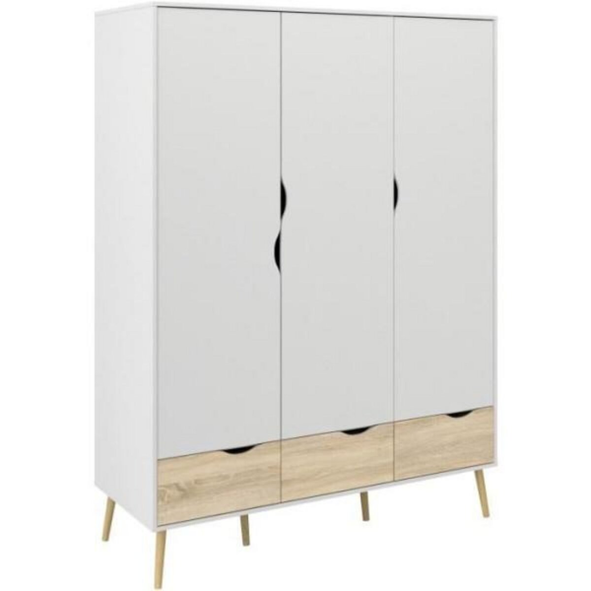 TVILUM Armoire - Blanc / Chene - 3 portes / 3 tiroirs - Pietement évasé en bois massif - Chambre - 147,2 x 58,1 x 200,1 cm ARO
