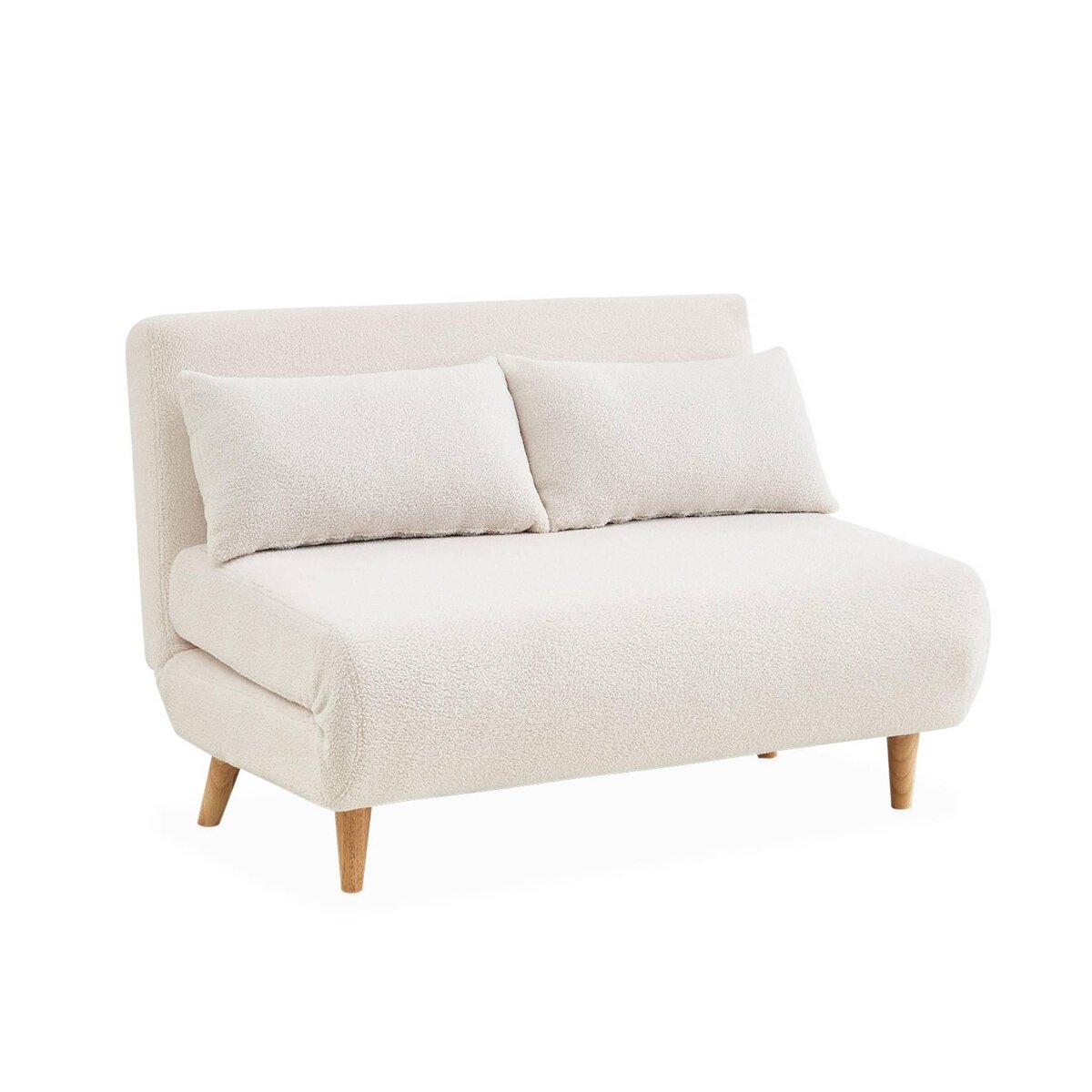 SWEEEK Canapé convertible en tissu bouclettes blanches- Guesta - 2 places scandinave. pieds bois foncé. banquette. dossier inclinable