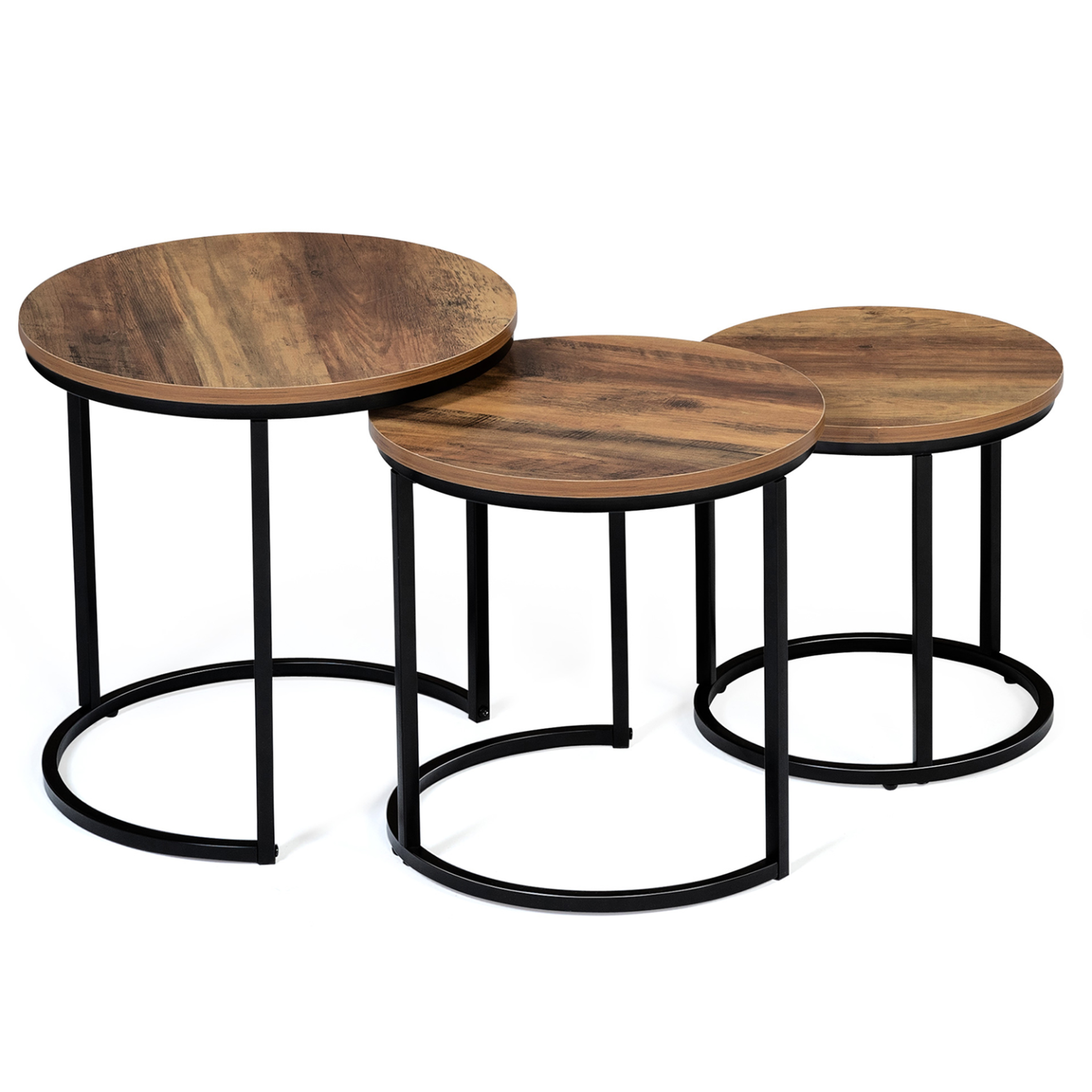 ID MARKET Lot de 3 tables basses gigognes hawkins rondes 30/40/45 bois foncé design industriel