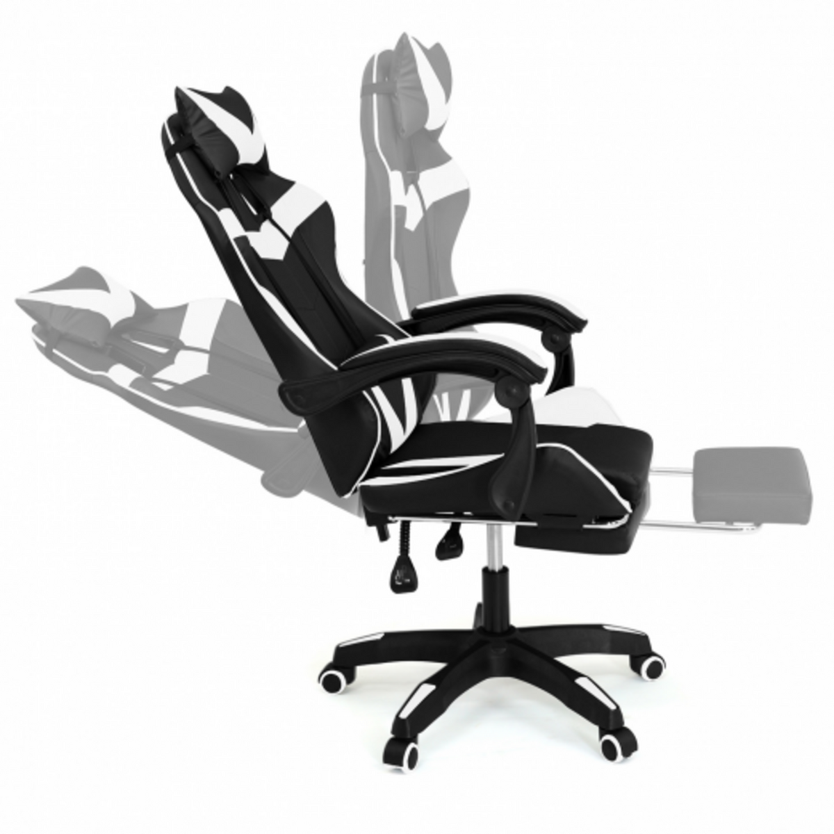 ID MARKET Fauteuil de gaming ALEX réglable avec repose-pied, coussin de tête et coussin lombaire noir et blanc