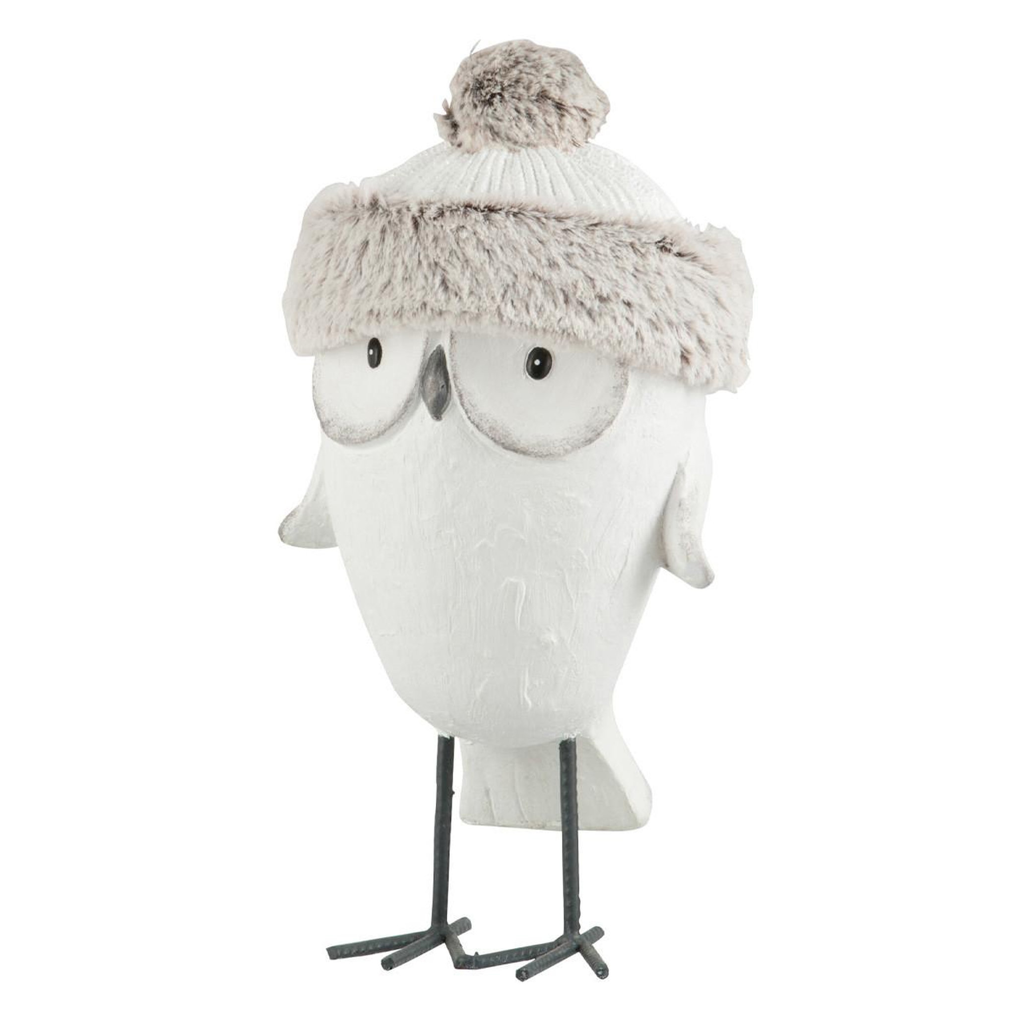 J-LINE Statue déco  hibou avec bonnet  40cm blanc