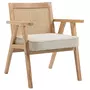 HOMCOM Fauteuil lounge avec coussin - dossier en cannage - assise profonde - accoudoirs - structure bois hévéa - aspect lin beige