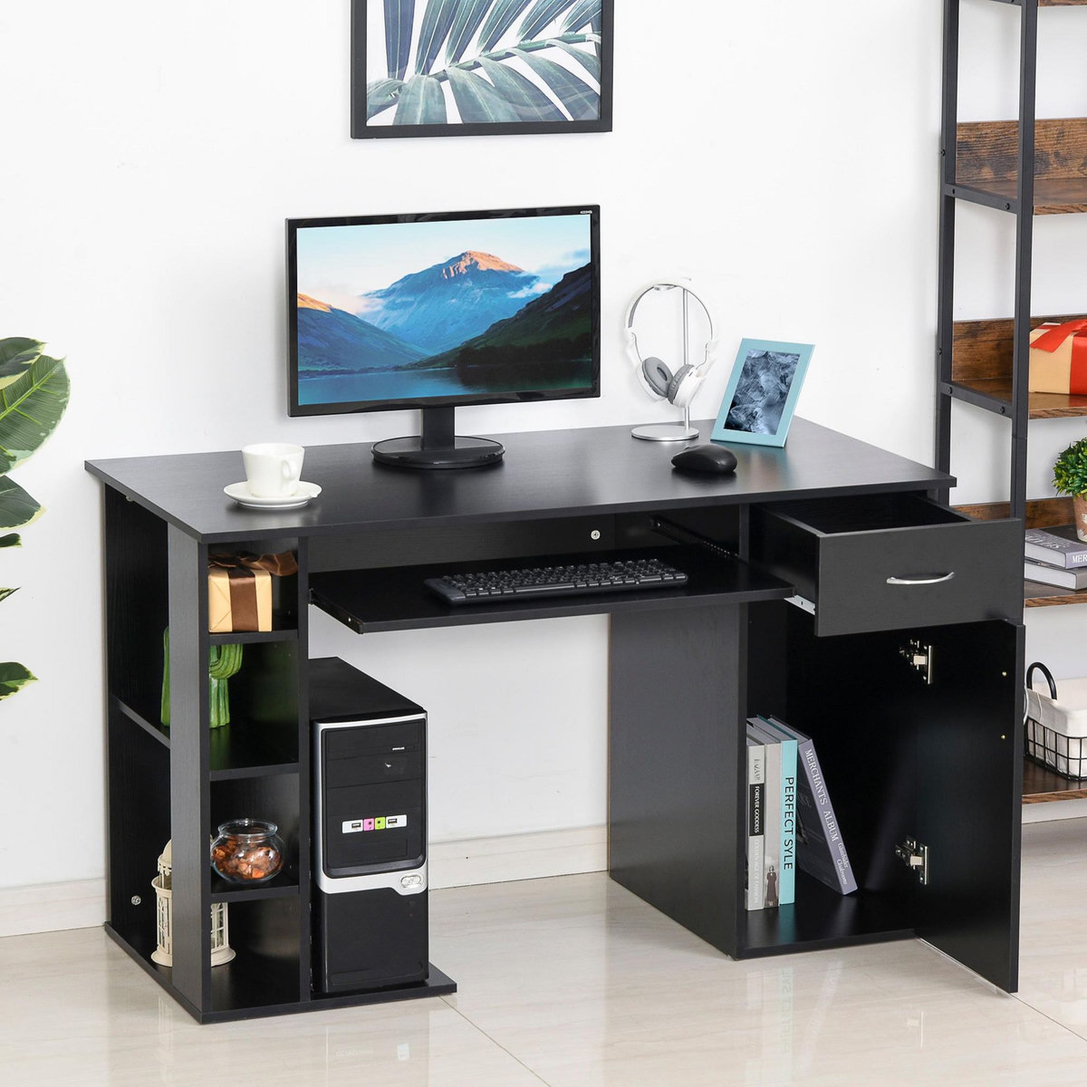 HOMCOM Bureau informatique multimédia multi-rangements avec étagère tiroir tablette clavier MDF 120 x 60 x 74 cm noir