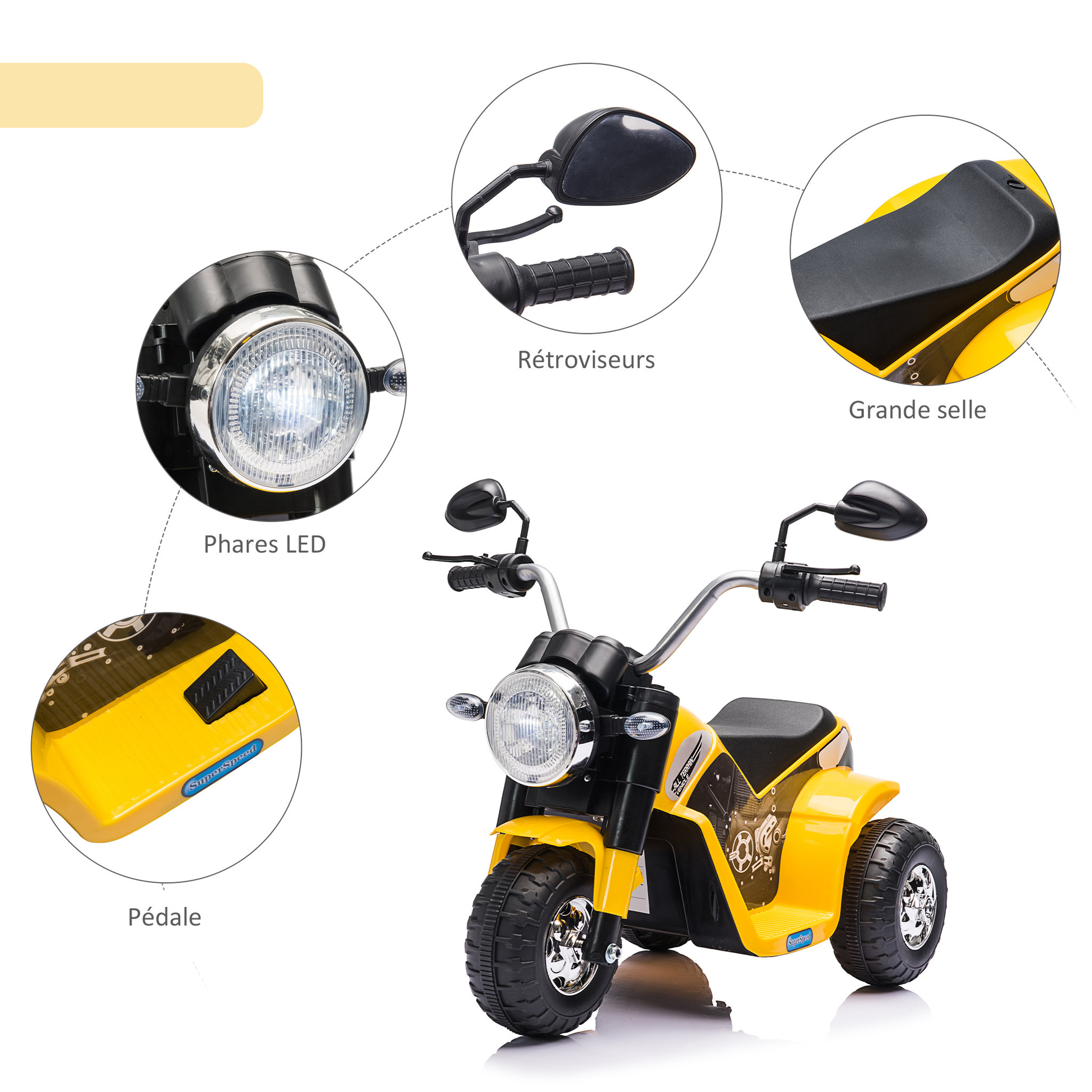 Voir la diapositive 5 : HOMCOM Moto électrique enfant chopper tout-terrain  6 V 20 W marche AV AR 3 roues effets lumineux et sonores jaune noir