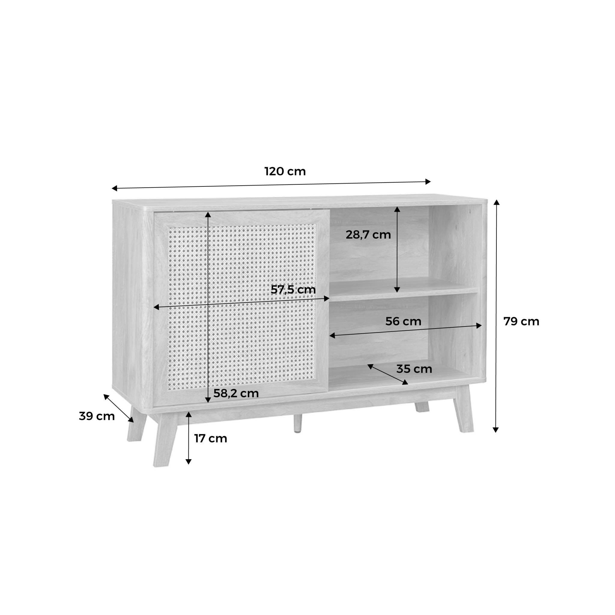 Voir la diapositive 4 : SWEEEK Petit buffet avec 1 porte coulissante et étagères. effet bois et détails cannage. buffet bas. 120cm
