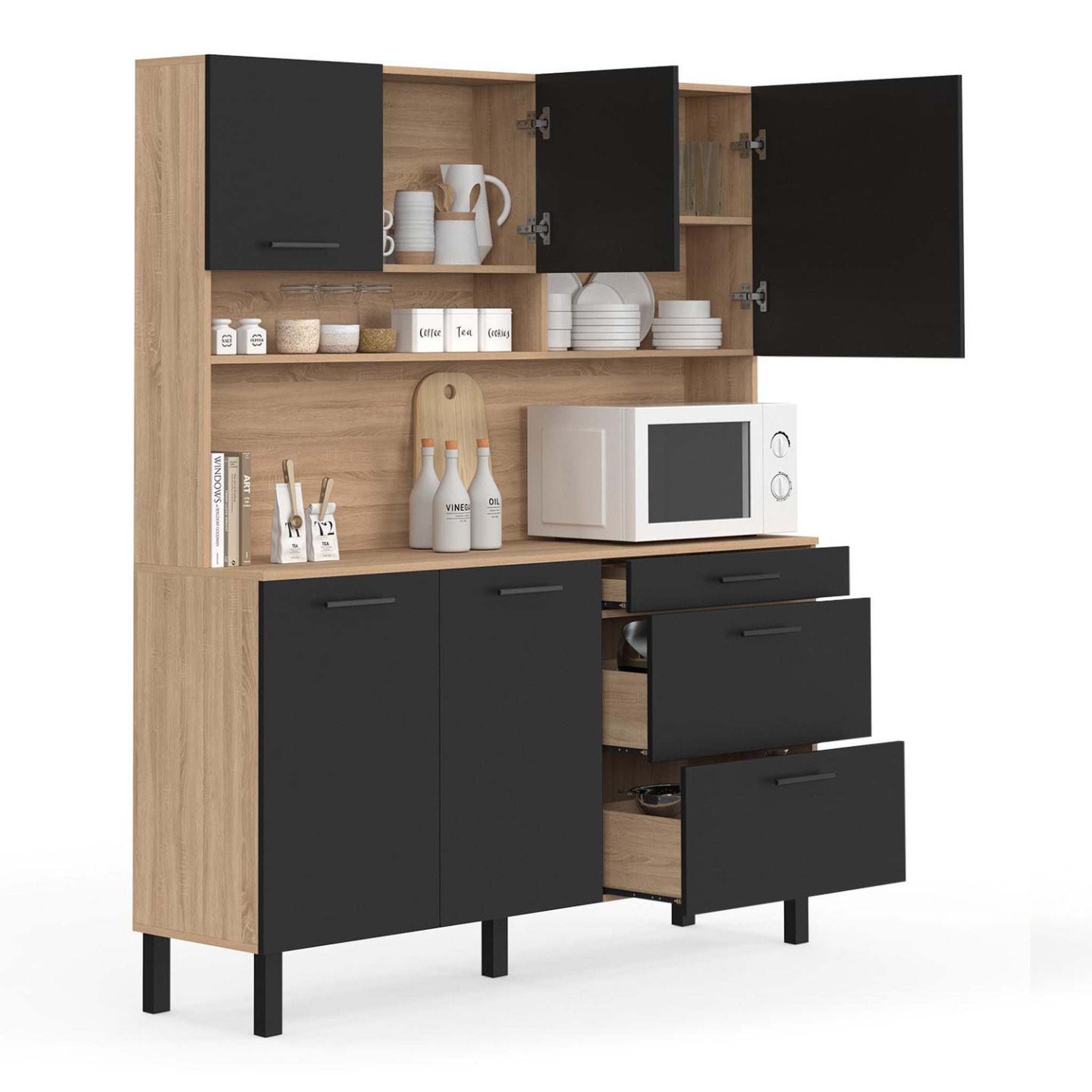 Voir la diapositive 4 : ID MARKET Buffet casserolier de cuisine 140 cm cina 5 portes + 3 tiroirs façon hêtre et noir