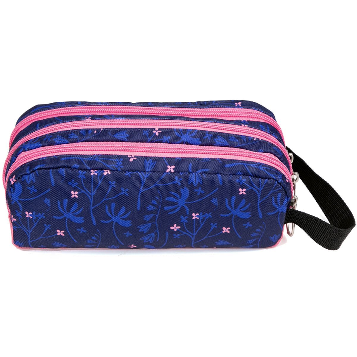 AUCHAN Trousse 3 compartiments rectangle bleue et rose motifs fleurs