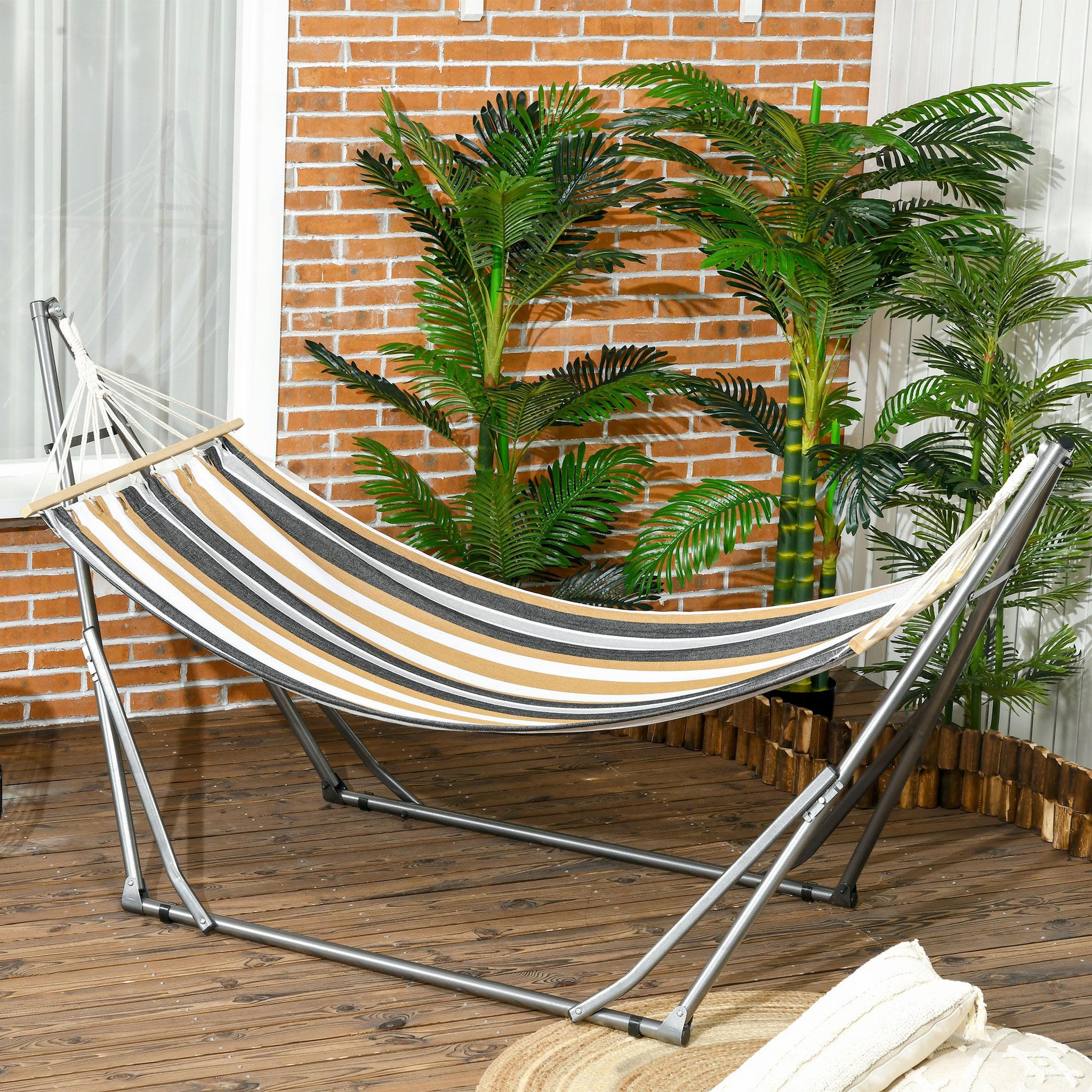 Voir la diapositive 2 : OUTSUNNY Hamac de jardin pliable avec support acier époxy et toile coton lin marron noir gris blanc