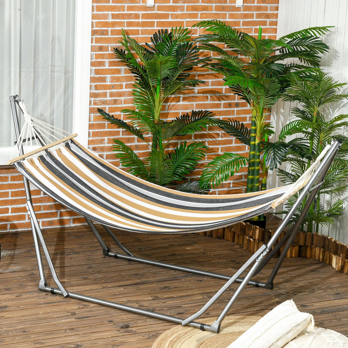 OUTSUNNY Hamac de jardin pliable avec support acier époxy et toile coton lin marron noir gris blanc
