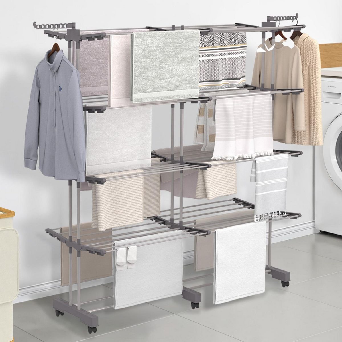 ID MARKET Séchoir à linge vertical pliable et extensible 4 niveaux MAXI capacité 50M inox et gris