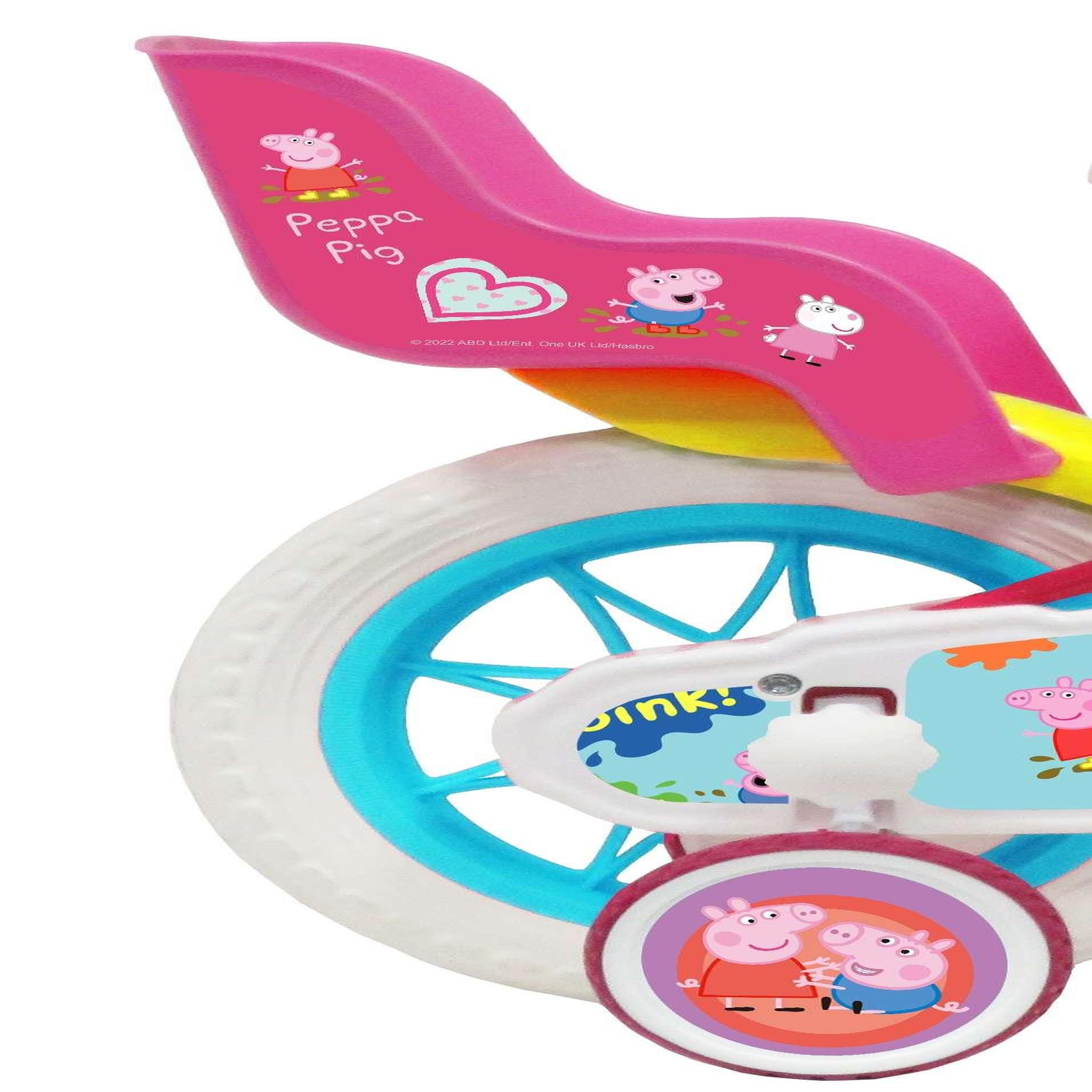 Voir la diapositive 2 : HASBRO Vélo enfant 12'' - Modèle Peppa Pig  pour enfant de taille 85 à 100 cm avec stabilisateurs - 1 Frein - Panier avant - Porte poupée arrière et roues bâtons