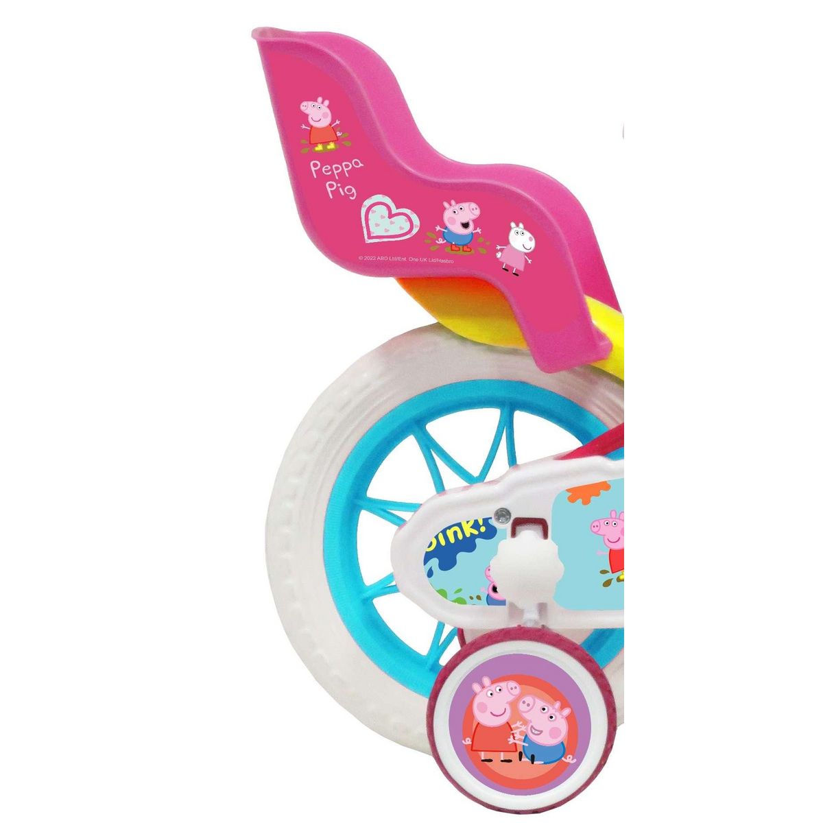 HASBRO Vélo enfant 12'' - Modèle Peppa Pig  pour enfant de taille 85 à 100 cm avec stabilisateurs - 1 Frein - Panier avant - Porte poupée arrière et roues bâtons