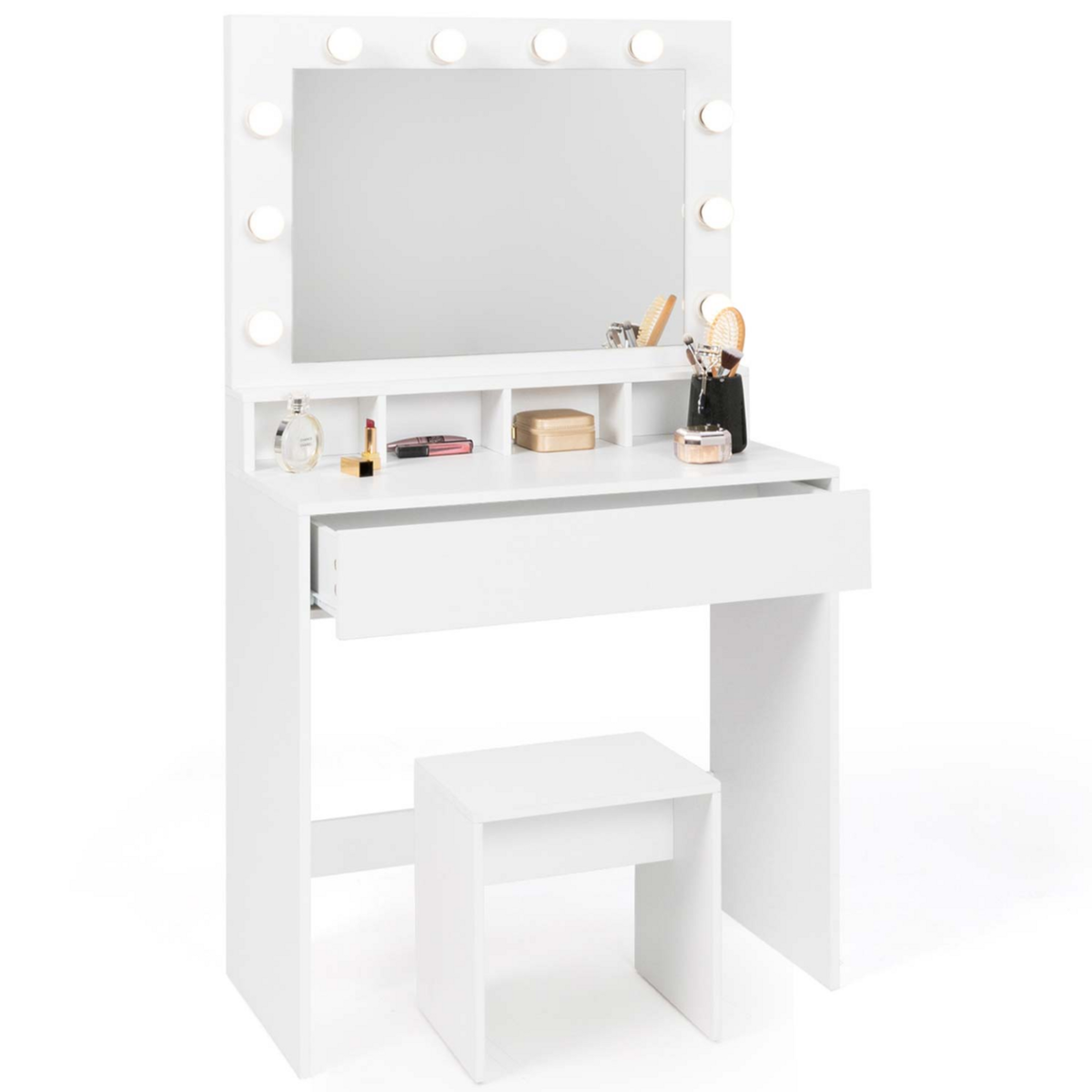 ID MARKET Coiffeuse ZELIA miroir LED avec 4 niches, 1 tiroir et tabouret