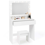 Voir la diapositive 1 : ID MARKET Coiffeuse ZELIA miroir LED avec 4 niches, 1 tiroir et tabouret