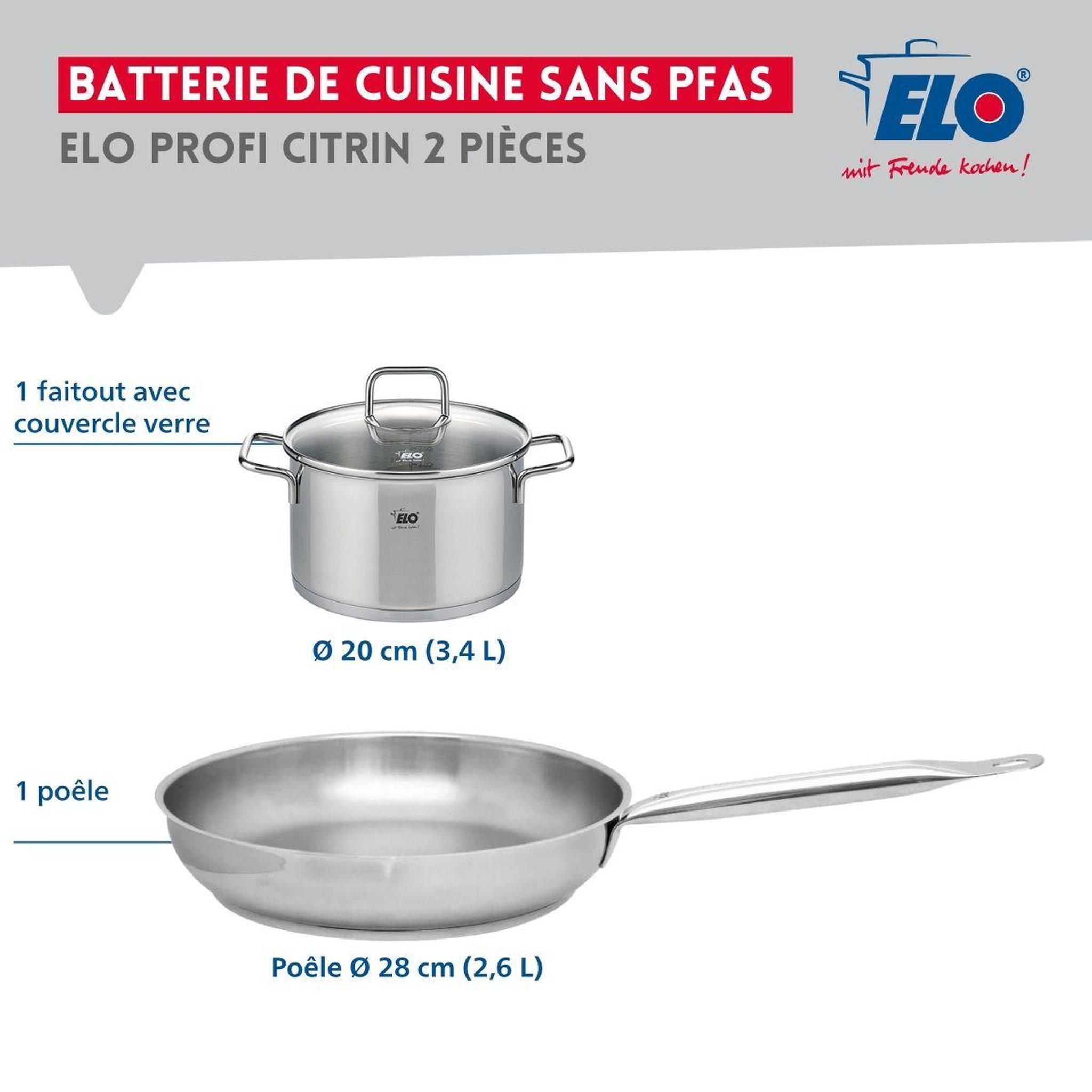 Voir la diapositive 2 : ELO Ensemble de 1 poêle de cuisson 28 cm et 1 faitout 20 cm elo profi citrin