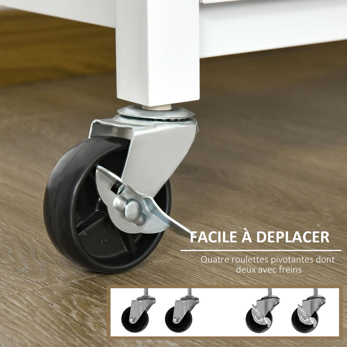 HOMCOM Desserte de cuisine multi-rangements - dim. 73L x 50l x 91H cm - poignées métal MDF blanc plateau bois bambou verni