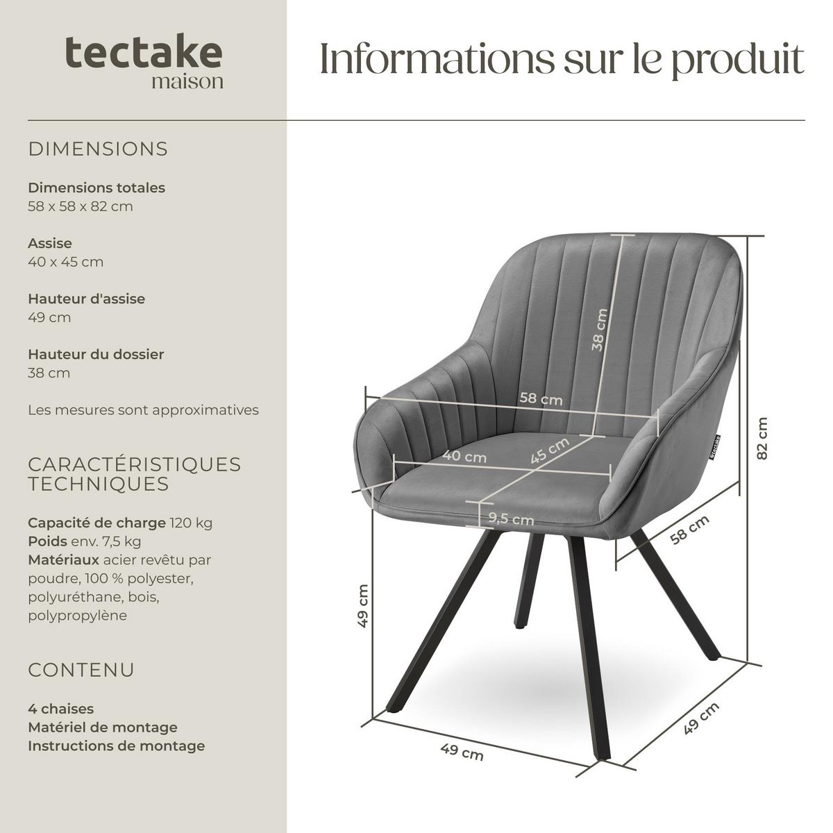 tectake Chaise pivotante avec accoudoirs rembourrée aspect velours gris Lot de 4