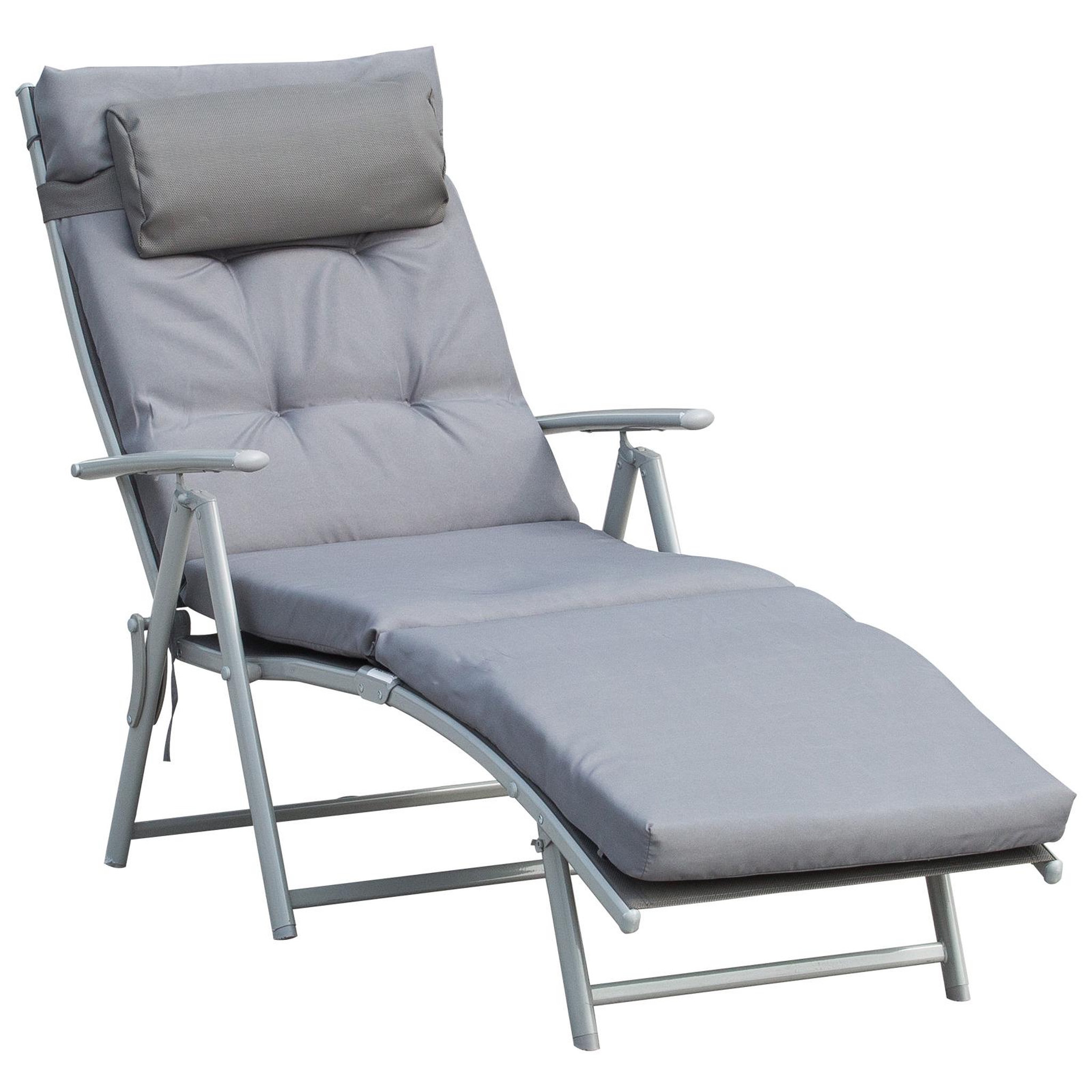 Voir la diapositive 1 : OUTSUNNY Bain de soleil pliable transat inclinable 7 positions chaise longue grand confort avec matelas + accoudoirs métal époxy textilène polyester gris