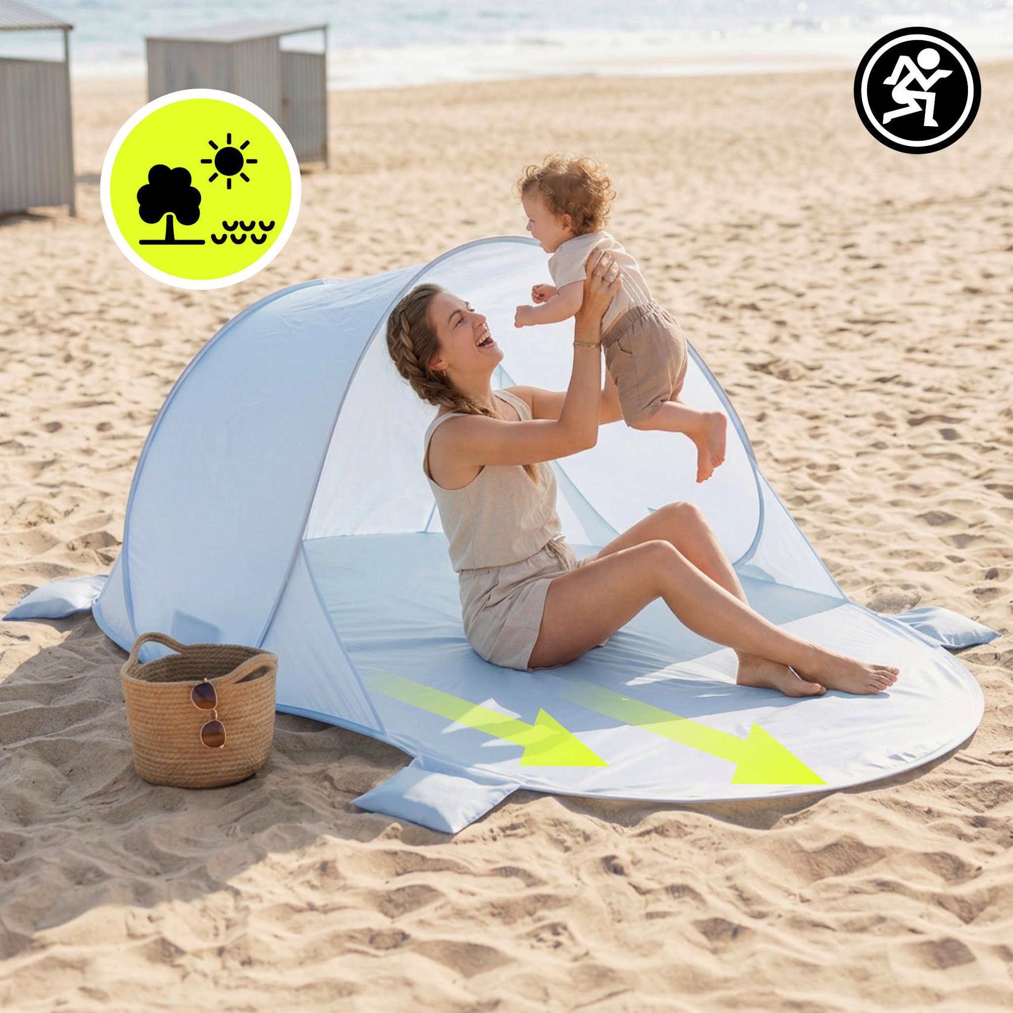 Voir la diapositive 2 : HYPERMOTION Tente de plage Pop-Up HyperMotion bleue avec tapis de sol 200 x 130 x 90 cm