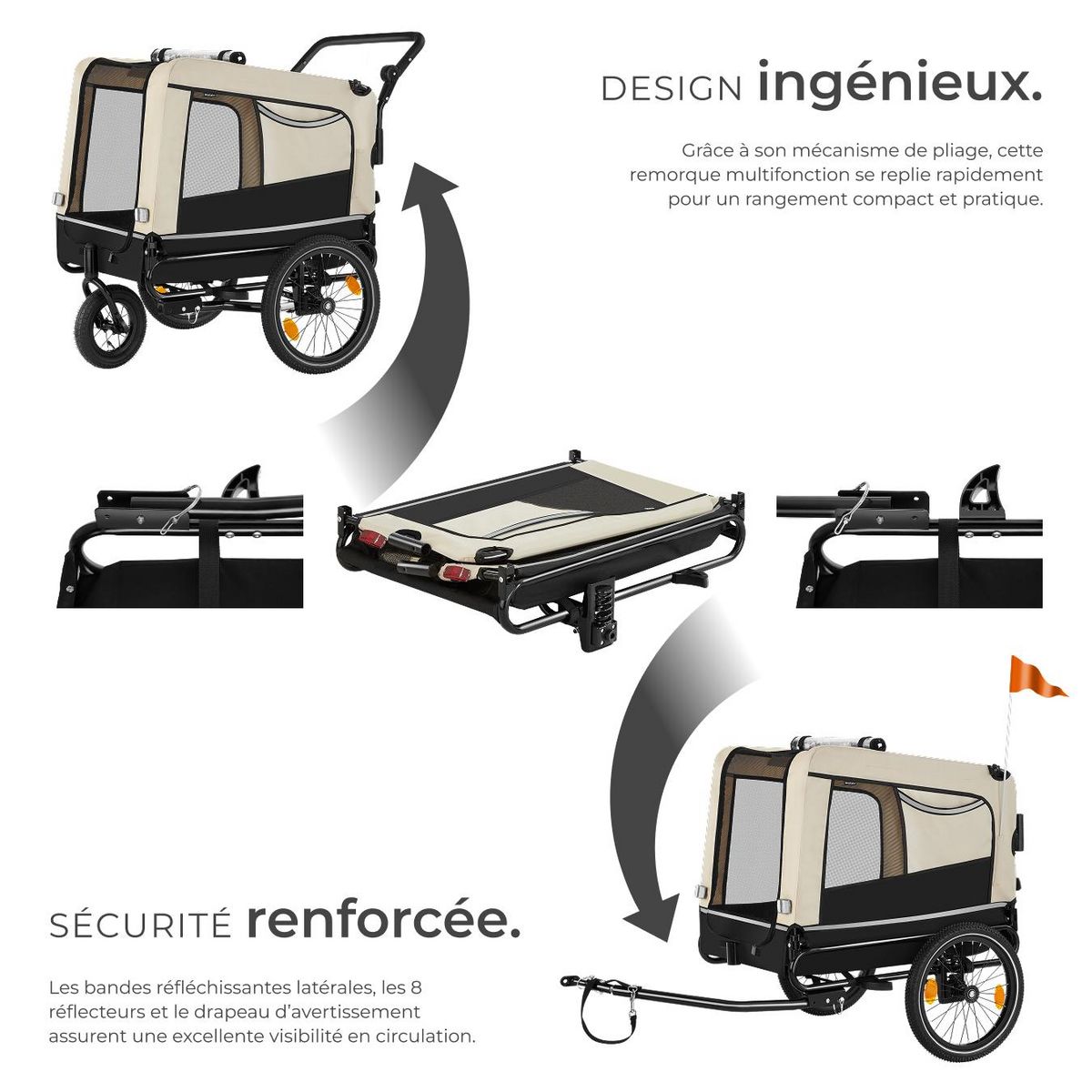 tectake Remorque vélo pour chien multifonction 3-en-1 beige