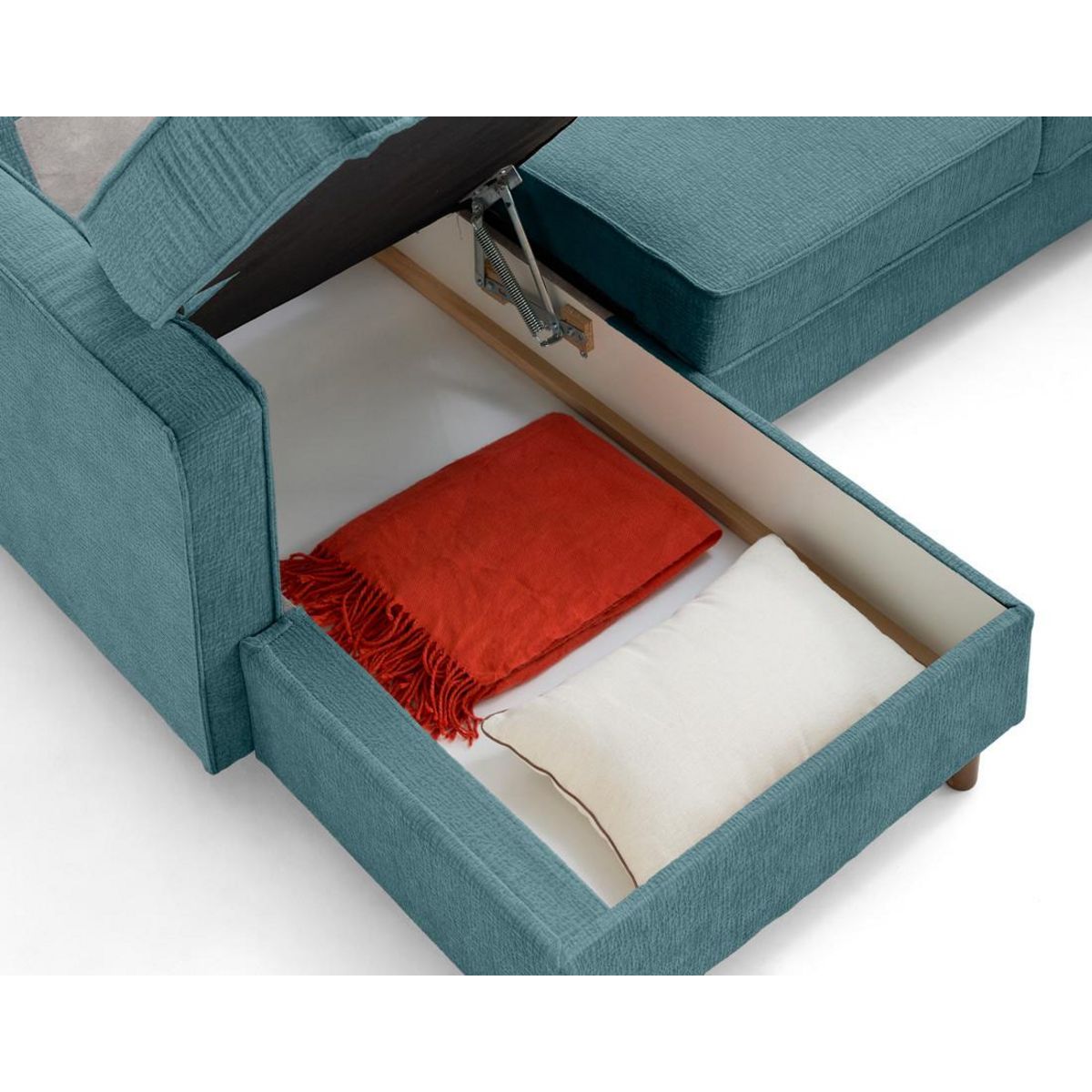 LISA DESIGN Jake - canapé panoramique d'angle droit 7 places convertible avec coffre en tissu velours relief