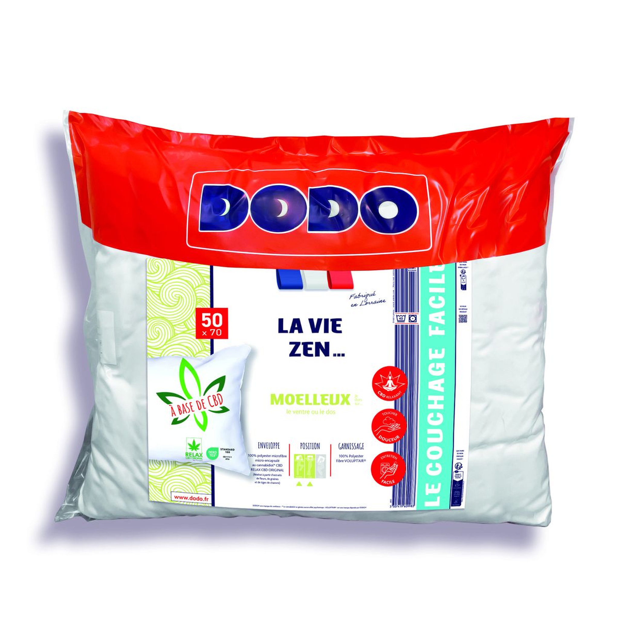 Voir la diapositive 1 : DODO Oreiller confort moelleux en microfibre 83 g/m² Micro-Encapsulé au Cannabidiol CBD LA VIE ZEN