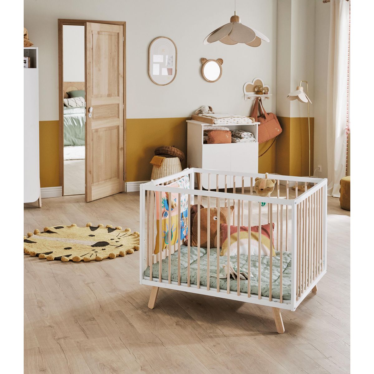 AT4 Parc bébé en bois PIRATE Blanc et Hêtre Verni 80 x 100 cm